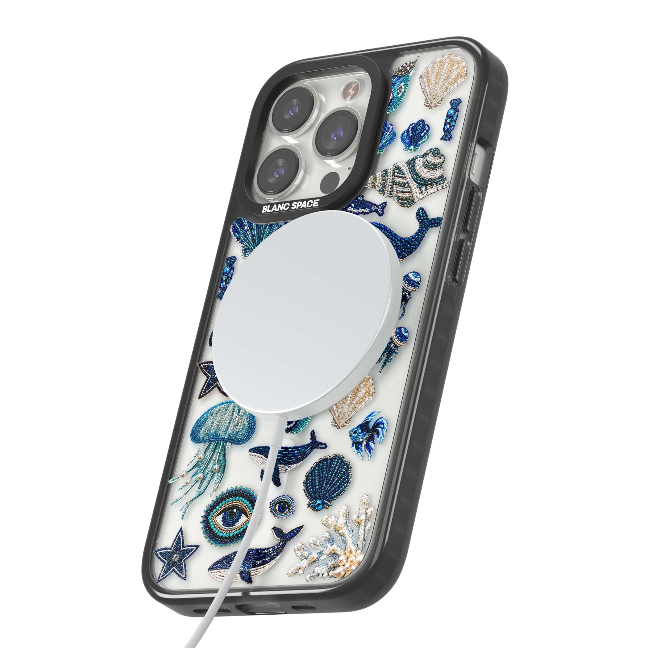 Beaded Coastal coastal iPhone case featuring embroidered seashells, jellyfish and a blue whale on clear | Black Impact Magsafe case for iPhone 13 Pro, iPhone 14 Pro, iPhone 15 Pro