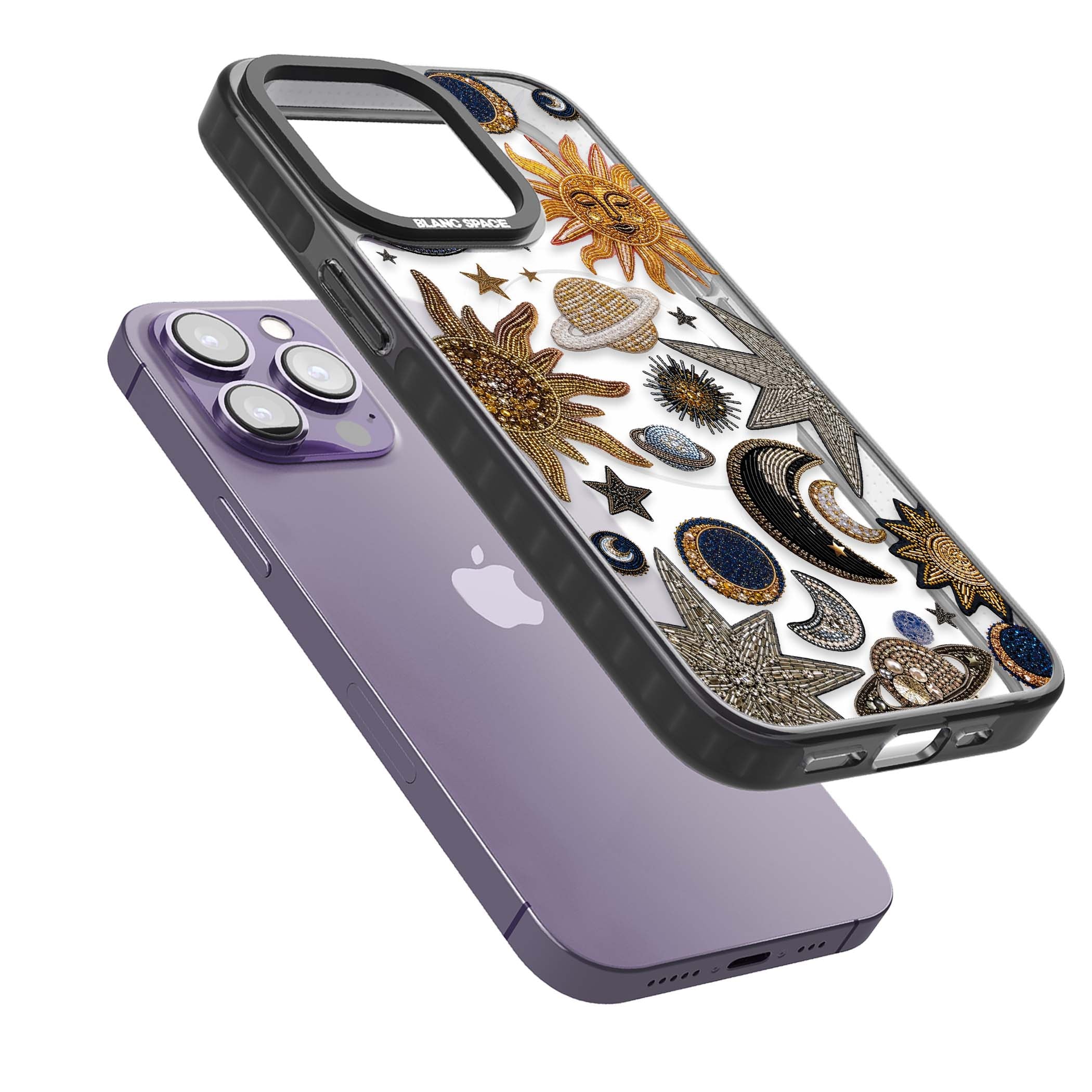 Beaded Cosmos celestial iPhone case featuring embroidered golden suns, beaded planets and silver shooting stars | Black Impact Magsafe case for iPhone 13 Pro, iPhone 14 Pro, iPhone 15 Pro