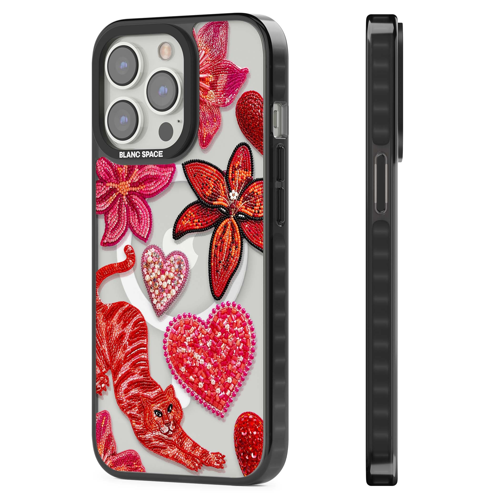 Beaded Boho floral iPhone case featuring beaded red lilies, a stitched tiger, and pearl-encrusted hearts on clear | Black Impact Magsafe case for iPhone 13 Pro, iPhone 14 Pro, iPhone 15 Pro