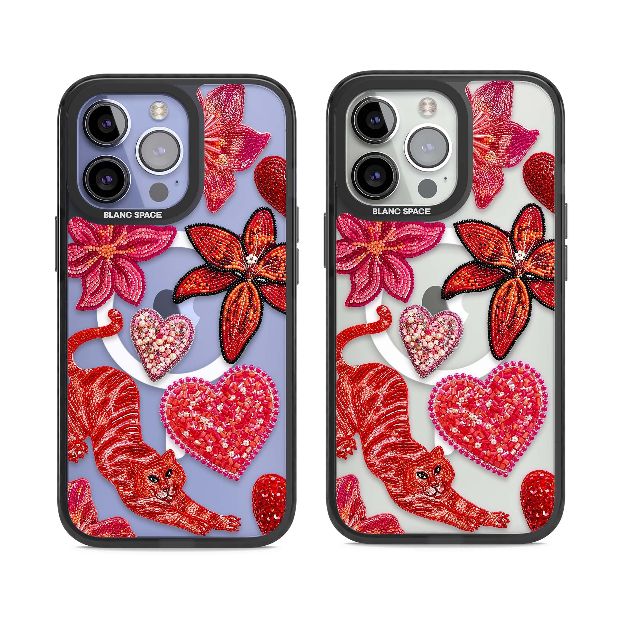 Beaded Boho floral iPhone case featuring beaded red lilies, a stitched tiger, and pearl-encrusted hearts on clear | Black Impact Magsafe case for iPhone 13 Pro, iPhone 14 Pro, iPhone 15 Pro