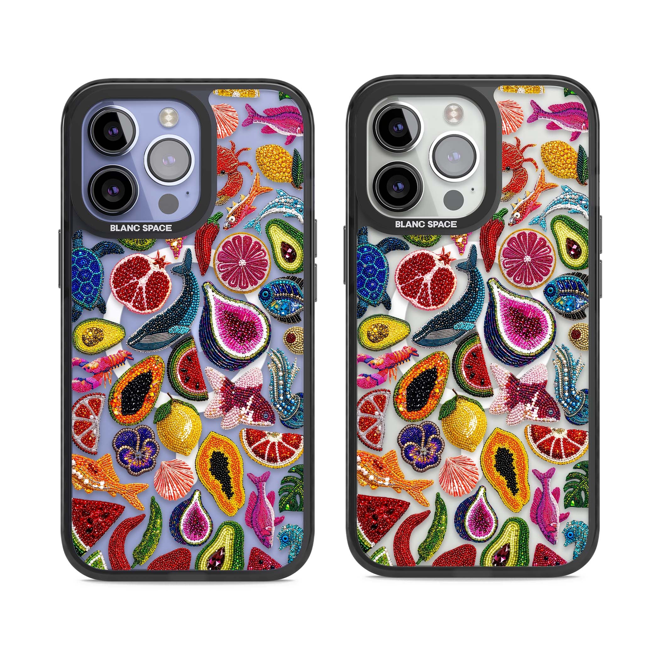 Beaded Tropic tropical iPhone case featuring beaded fruit, fish, crabs and seashells in vibrant colour | Black Impact Magsafe case for iPhone 13 Pro, iPhone 14 Pro, iPhone 15 Pro