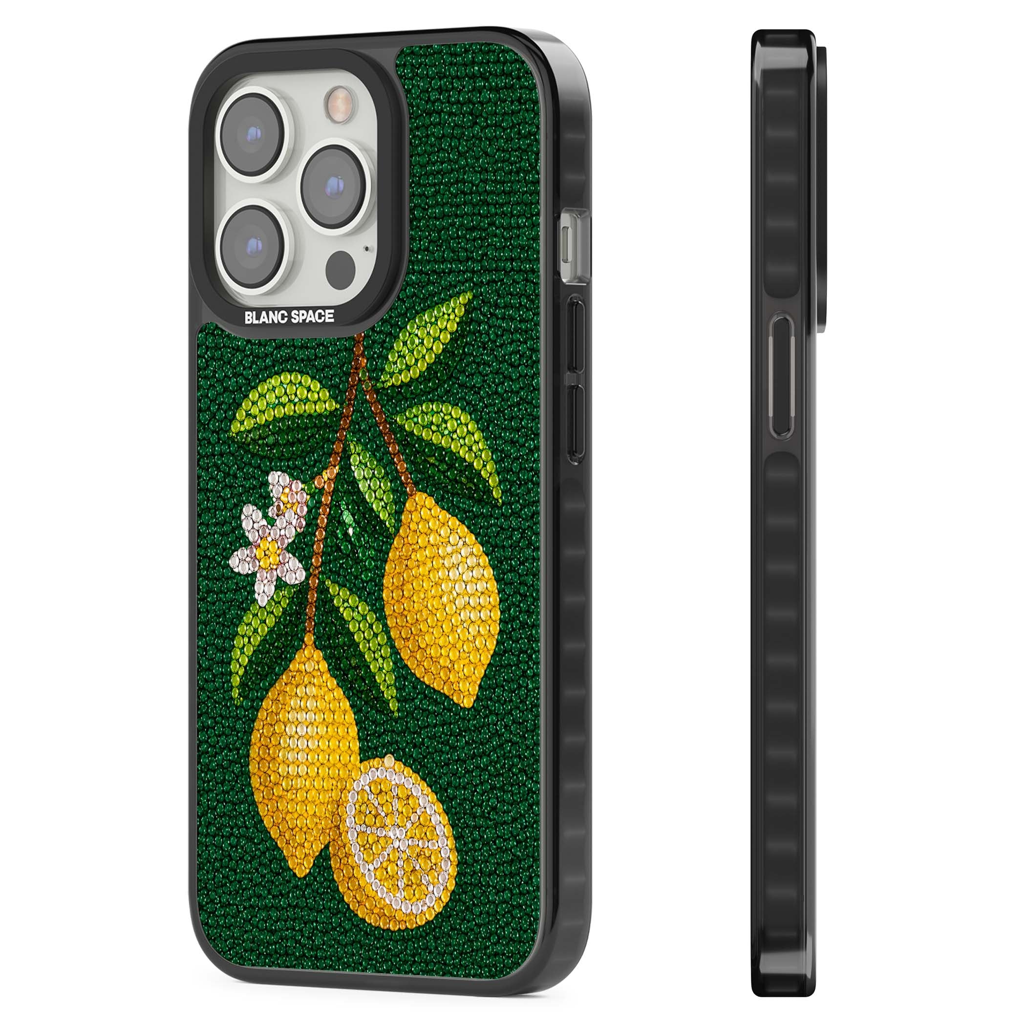 Beaded Lemons coastal iPhone case featuring crystal-beaded lemons, citrus blossom and green leaves on emerald ground | Black Impact Magsafe case for iPhone 13 Pro, iPhone 14 Pro, iPhone 15 Pro