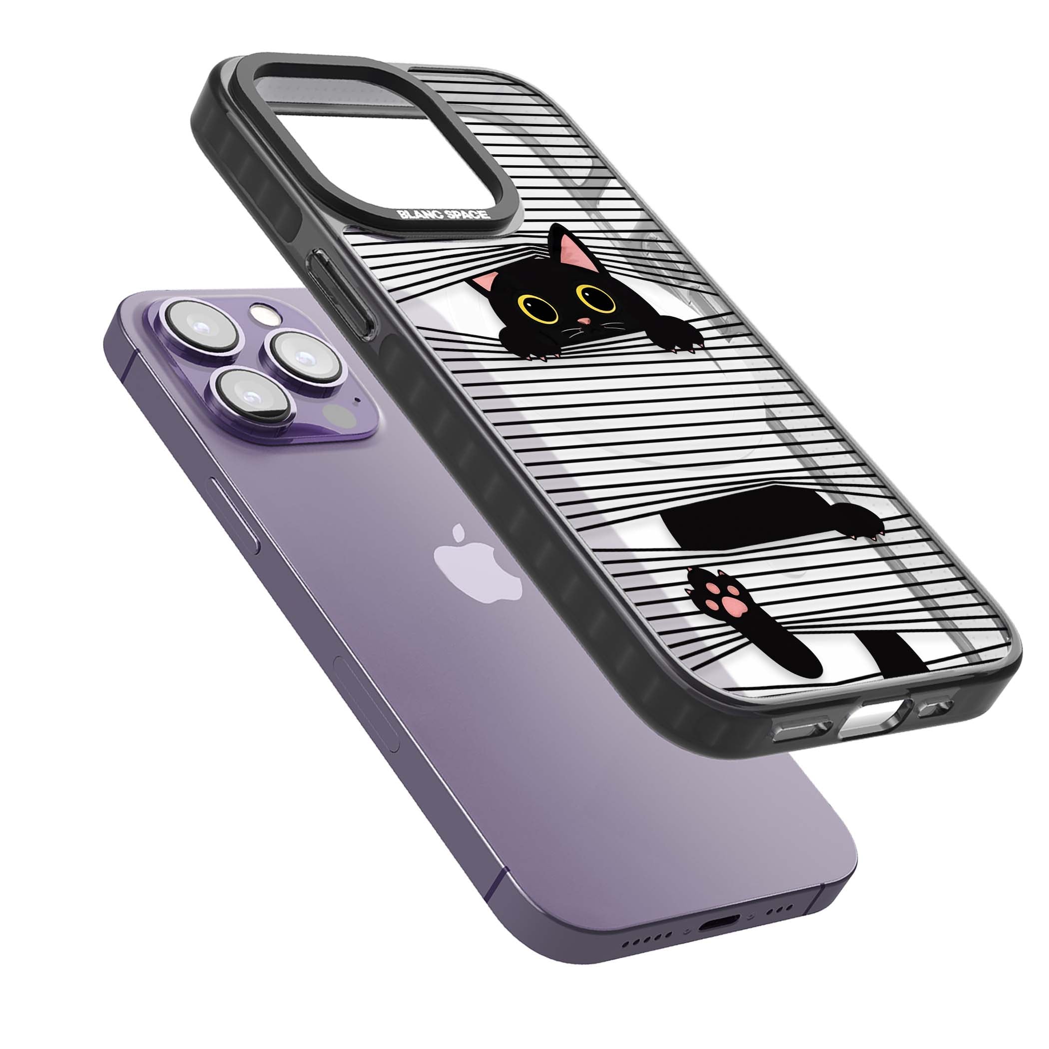 Peek-a-Boo Cat minimal iPhone case featuring black cat peeking through horizontal black and white stripes | Black Impact Magsafe case for iPhone 13 Pro, iPhone 14 Pro, iPhone 15 Pro