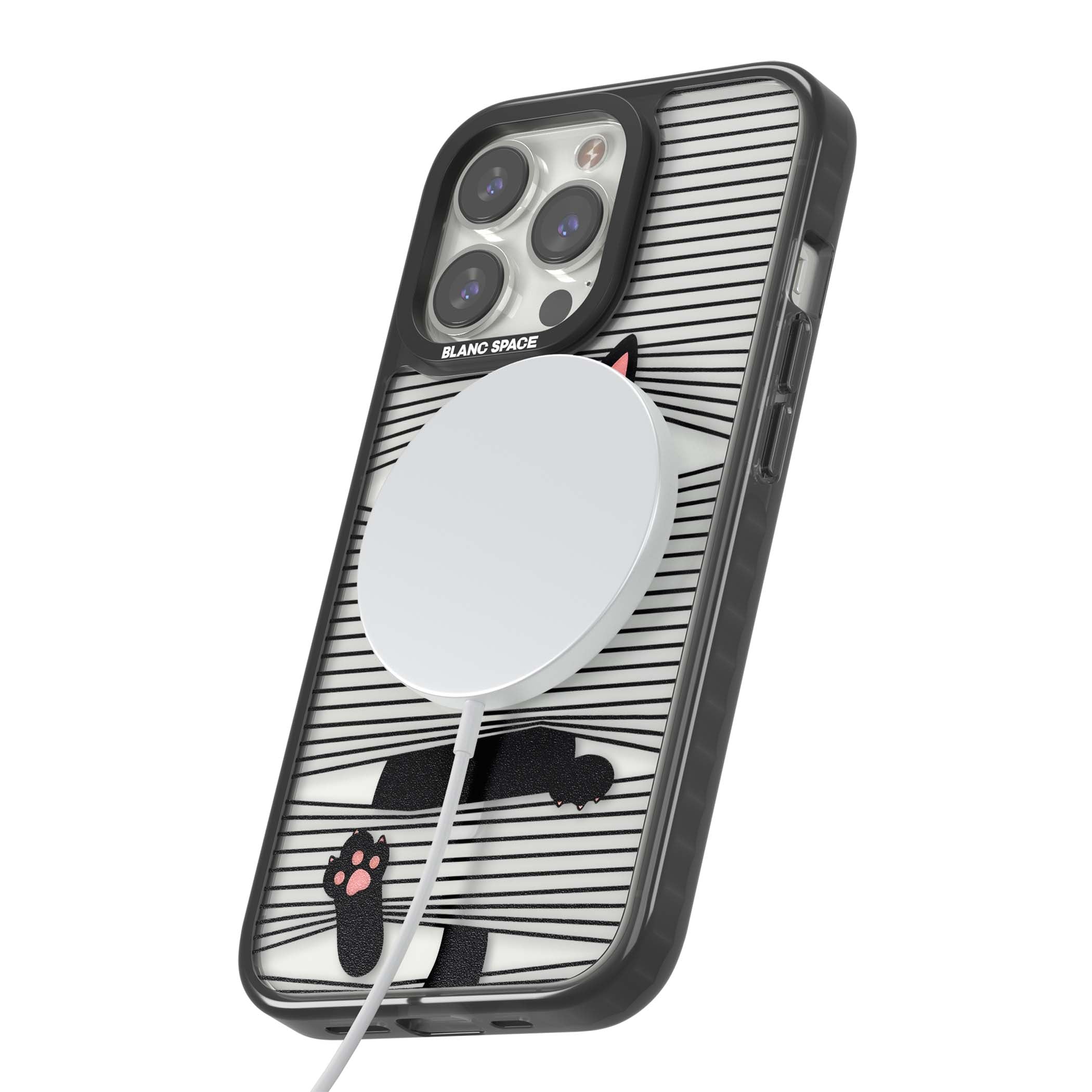 Peek-a-Boo Cat minimal iPhone case featuring black cat peeking through horizontal black and white stripes | Black Impact Magsafe case for iPhone 13 Pro, iPhone 14 Pro, iPhone 15 Pro