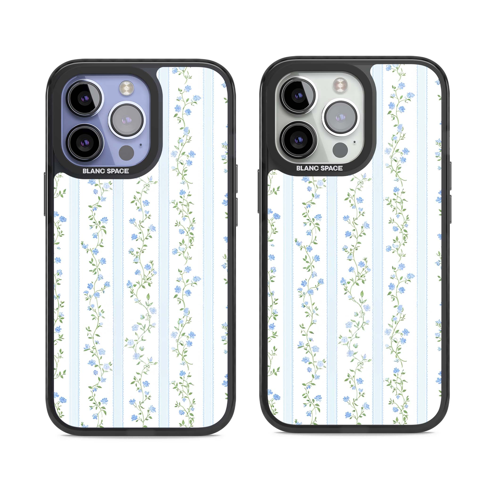 Bluebell Vine cottagecore iPhone case featuring climbing blue roses, trailing green vines, and pale ticking stripes | Black Impact Magsafe case for iPhone 13 Pro, iPhone 14 Pro, iPhone 15 Pro