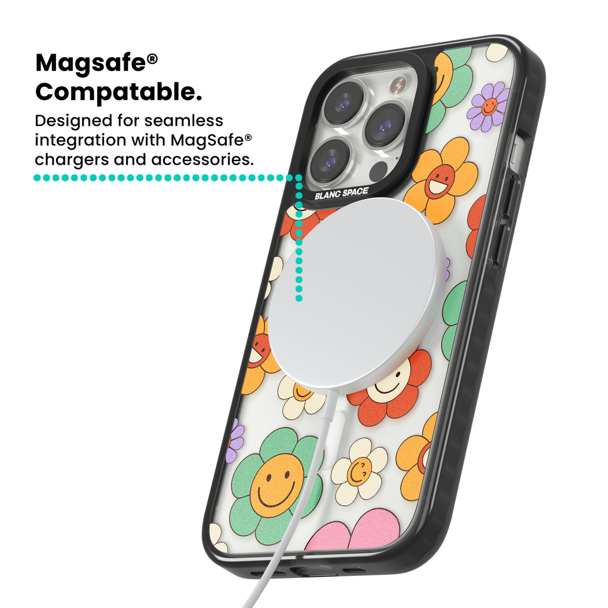 Happy Blossoms Magsafe Black Impact Phone Case for iPhone 13 Pro, iPhone 14 Pro, iPhone 15 Pro