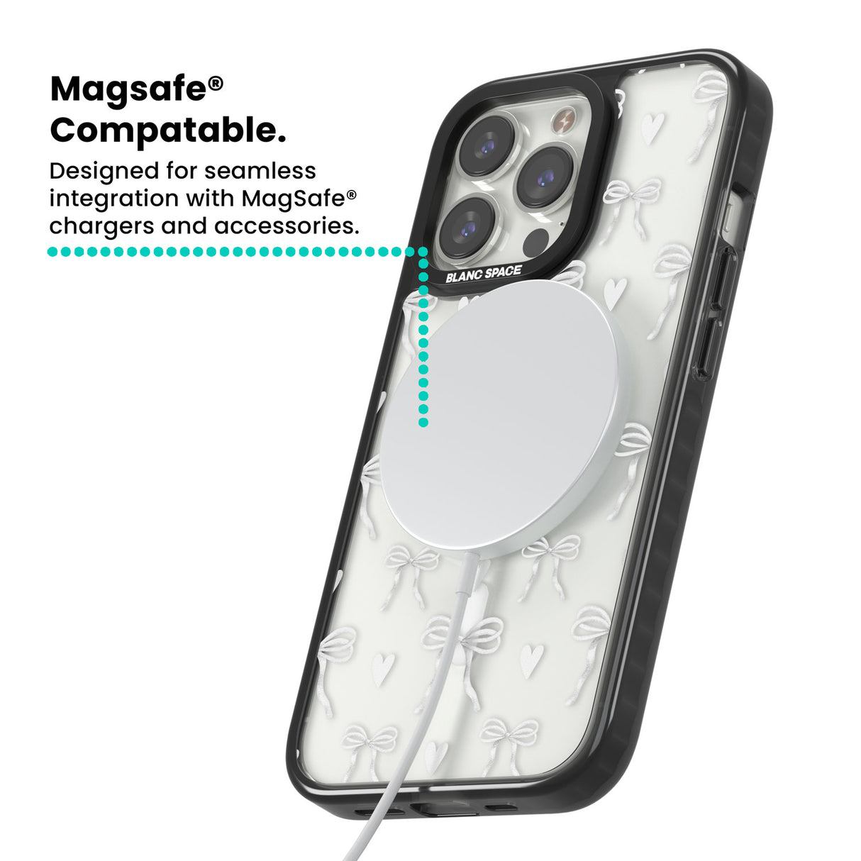 White Bows & Hearts Magsafe Black Impact Phone Case for iPhone 13 Pro, iPhone 14 Pro, iPhone 15 Pro