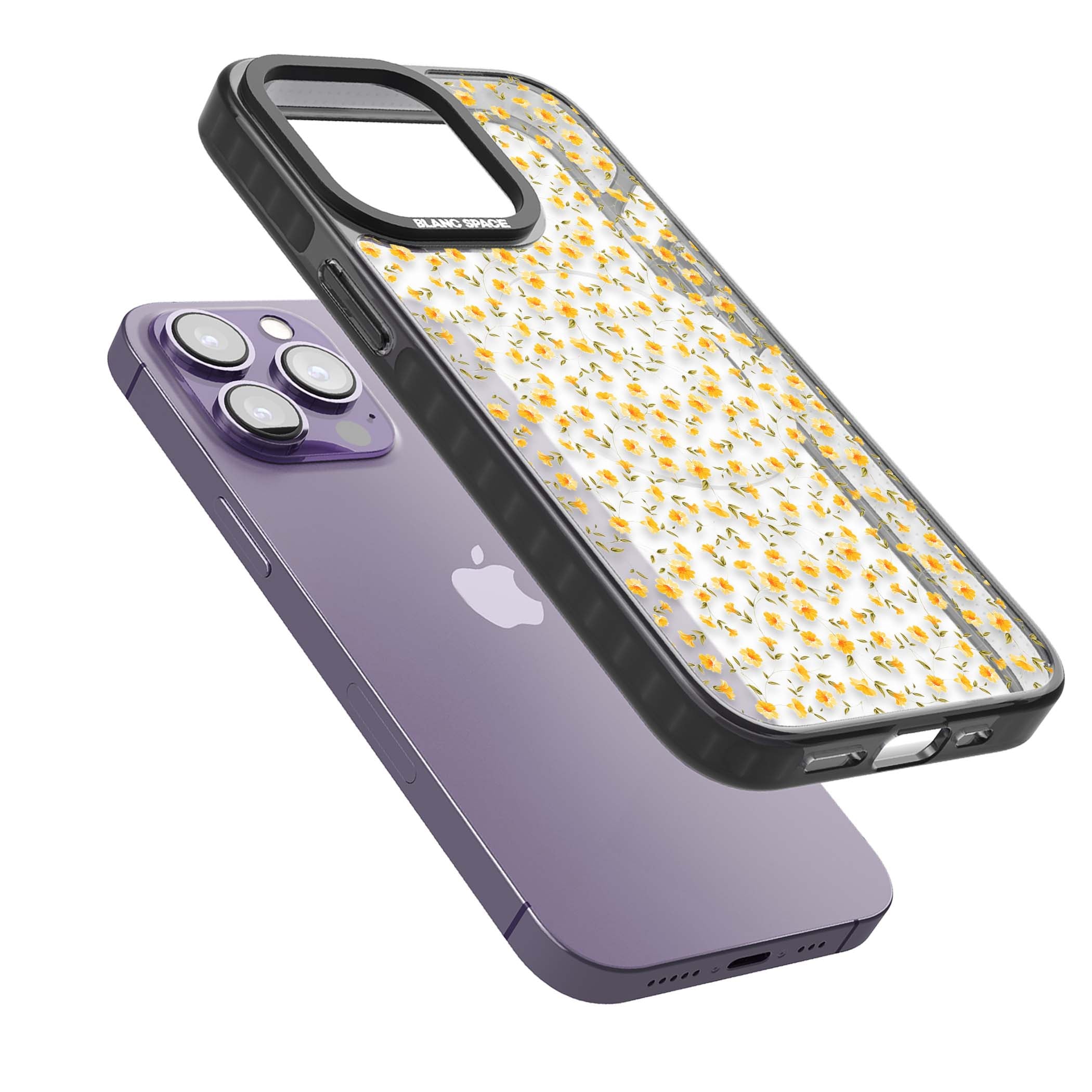 Buttercup wildflower iPhone case featuring tiny yellow flowers and trailing green vines on clear | Black Impact Magsafe case for iPhone 13 Pro, iPhone 14 Pro, iPhone 15 Pro