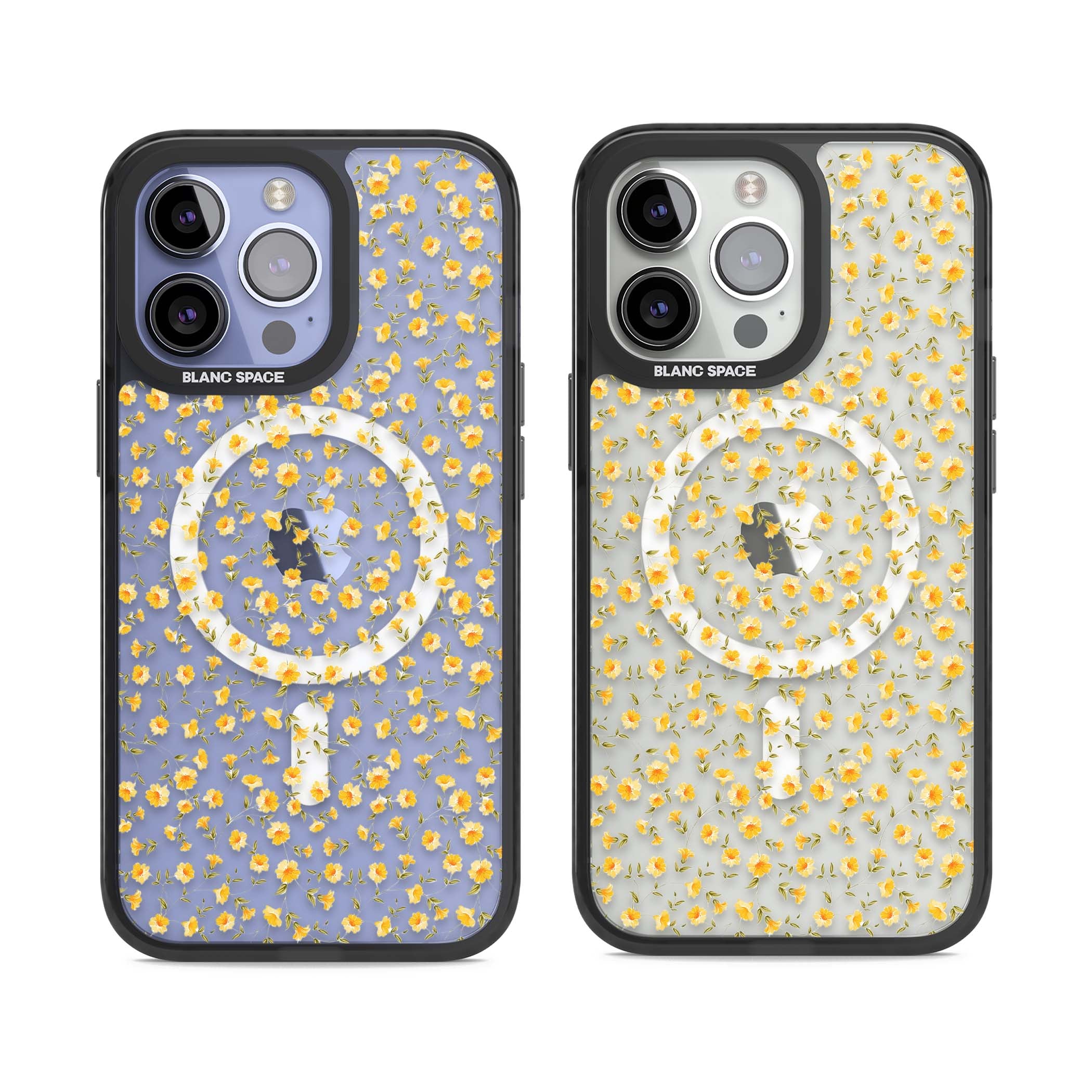 Buttercup wildflower iPhone case featuring tiny yellow flowers and trailing green vines on clear | Black Impact Magsafe case for iPhone 13 Pro, iPhone 14 Pro, iPhone 15 Pro