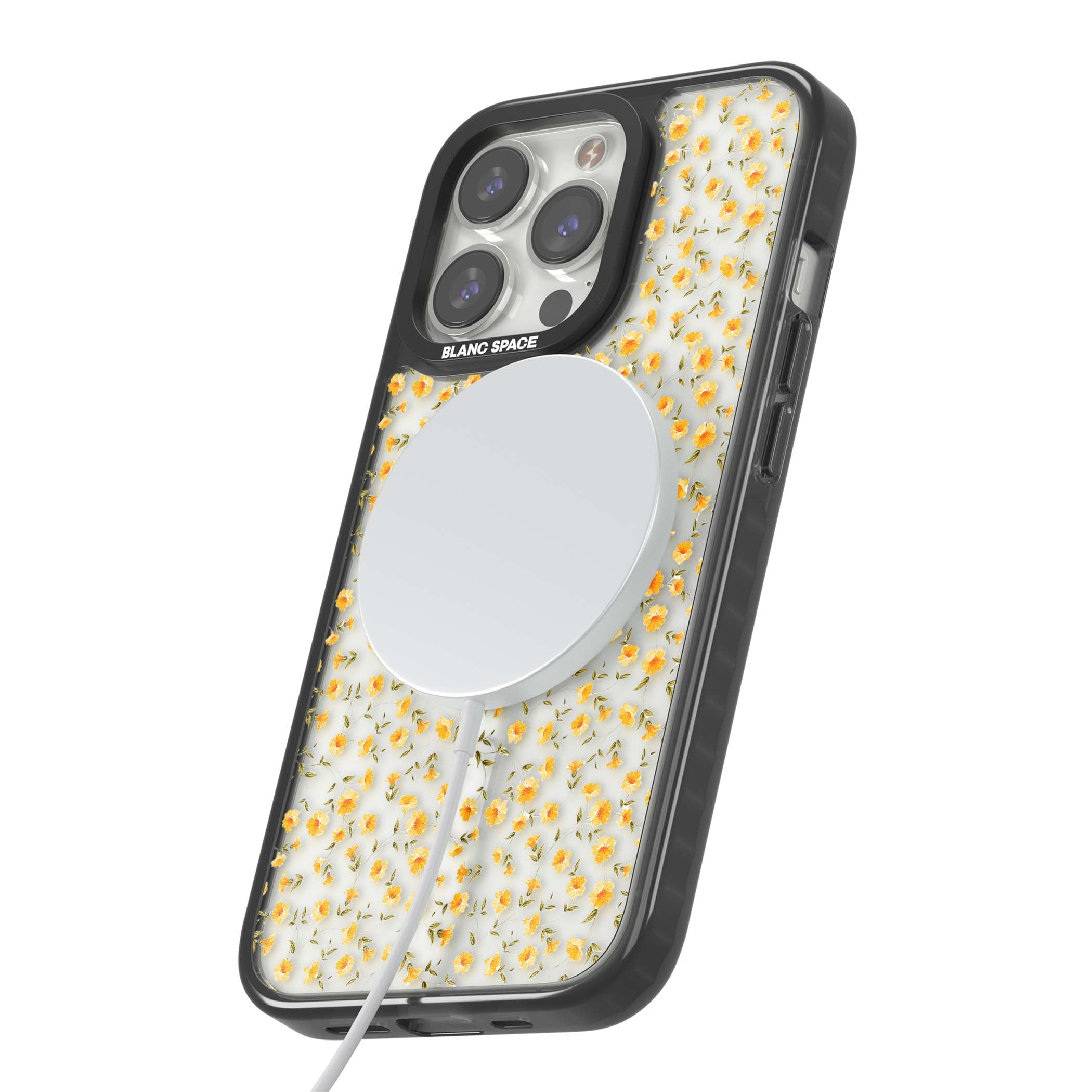 Buttercup wildflower iPhone case featuring tiny yellow flowers and trailing green vines on clear | Black Impact Magsafe case for iPhone 13 Pro, iPhone 14 Pro, iPhone 15 Pro