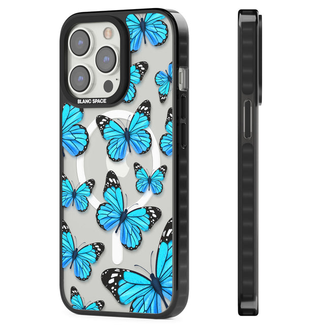 Blue Butterflies Magsafe Black Impact Phone Case for iPhone 13 Pro, iPhone 14 Pro, iPhone 15 Pro