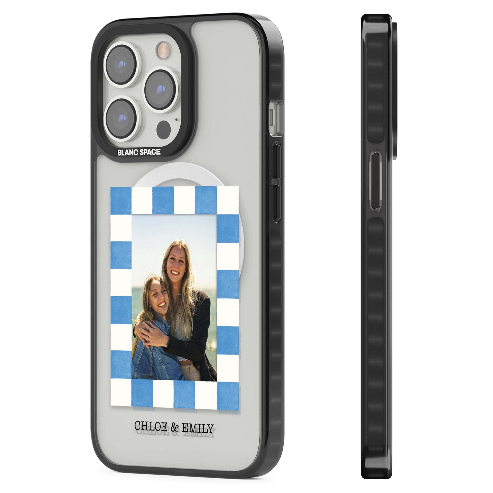 Blue Check Photo personalised photo iPhone case with blue checkered frame and custom couple names | Black Impact Magsafe case for iPhone 13 Pro, iPhone 14 Pro, iPhone 15 Pro