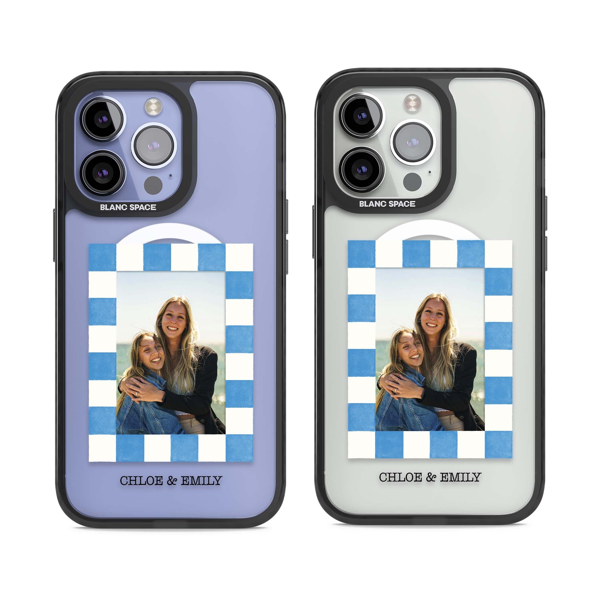 Blue Check Photo personalised photo iPhone case with blue checkered frame and custom couple names | Black Impact Magsafe case for iPhone 13 Pro, iPhone 14 Pro, iPhone 15 Pro