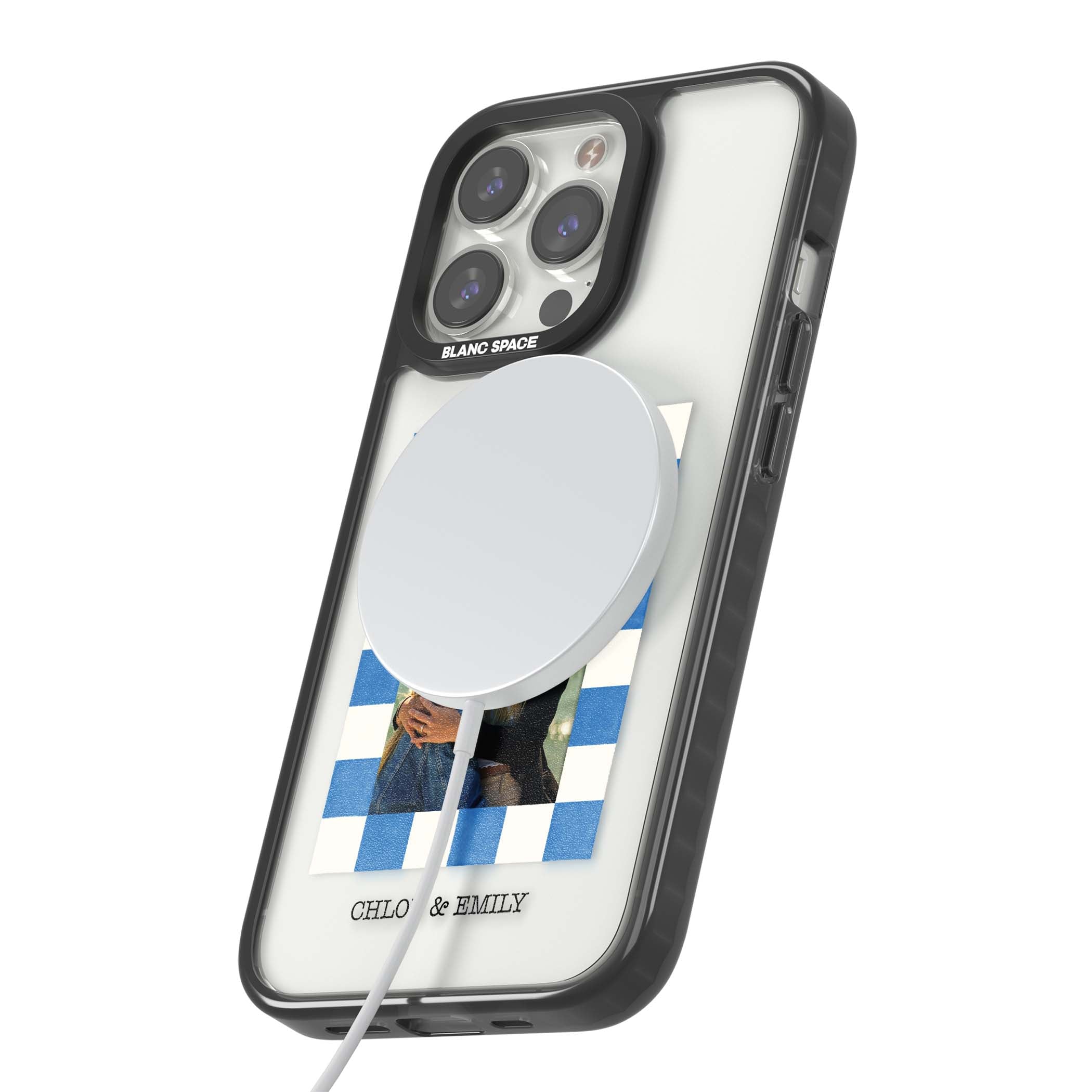 Blue Check Photo personalised photo iPhone case with blue checkered frame and custom couple names | Black Impact Magsafe case for iPhone 13 Pro, iPhone 14 Pro, iPhone 15 Pro