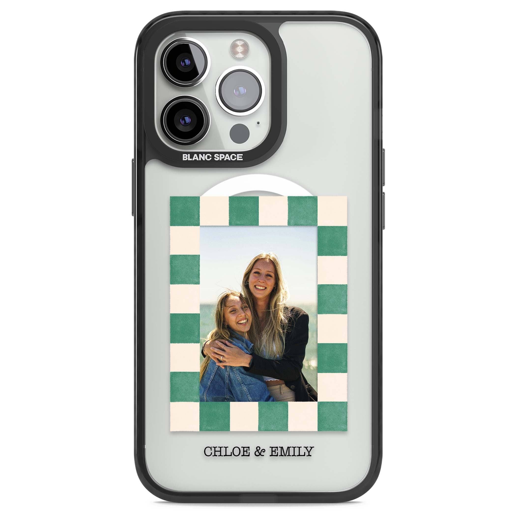 Seafoam Check Photo personalised iPhone case featuring a custom polaroid photo, green and cream checkered frame, and custom n | Black Impact Magsafe case for iPhone 13 Pro, iPhone 14 Pro, iPhone 15 Pro
