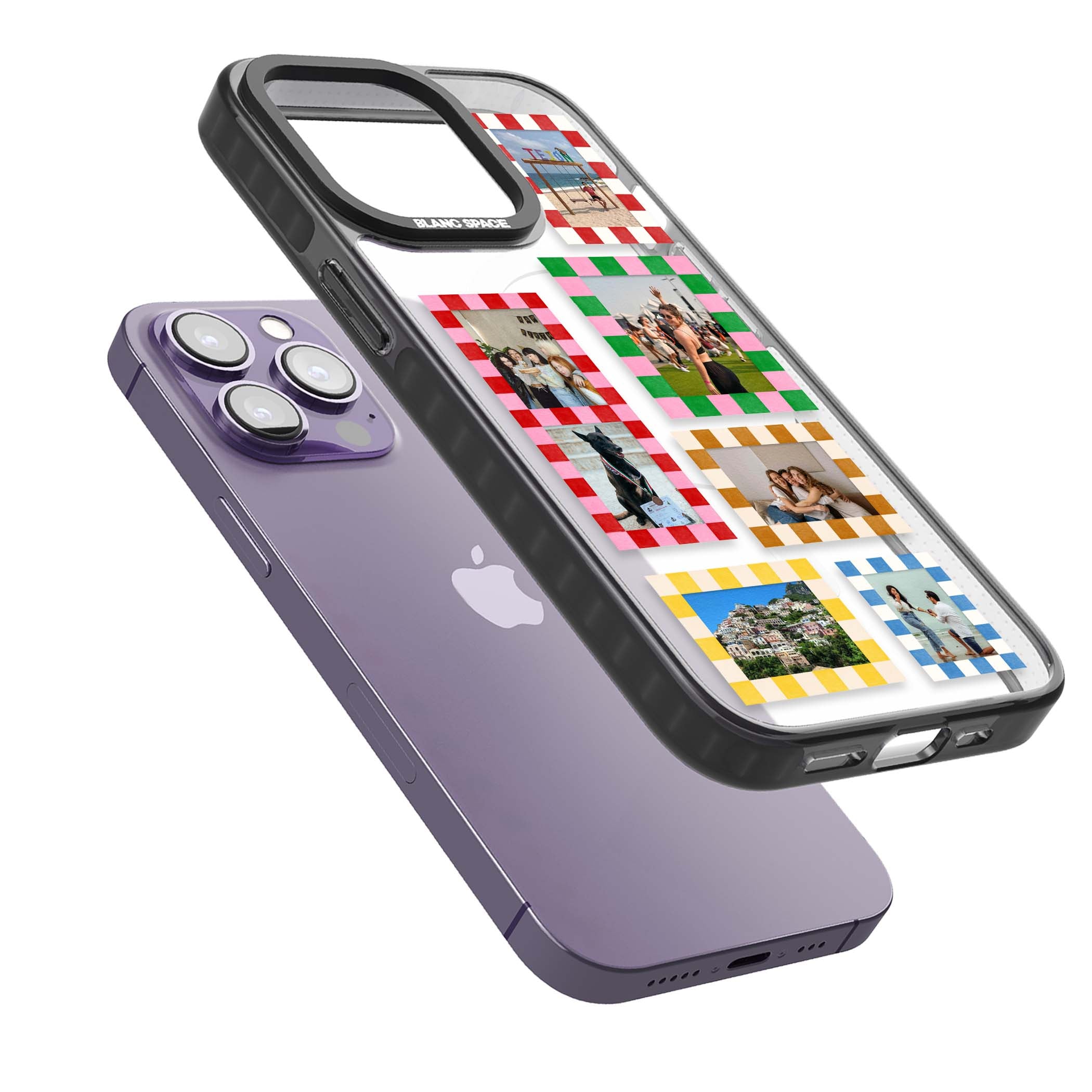 Italian Check Frames custom photo collage iPhone case featuring six checkered photo frames in red, green, pink and  | Black Impact Magsafe case for iPhone 13 Pro, iPhone 14 Pro, iPhone 15 Pro