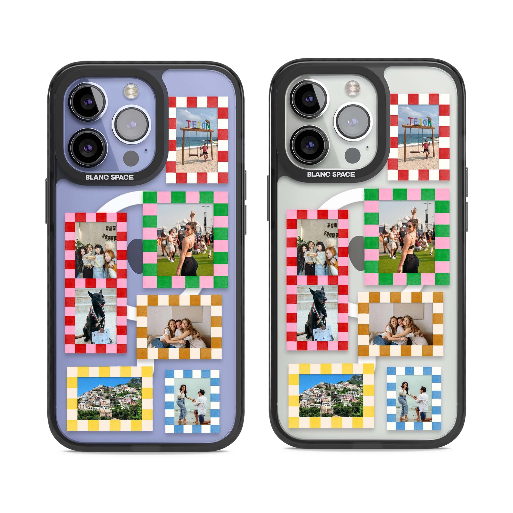 Italian Check Frames custom photo collage iPhone case featuring six checkered photo frames in red, green, pink and  | Black Impact Magsafe case for iPhone 13 Pro, iPhone 14 Pro, iPhone 15 Pro