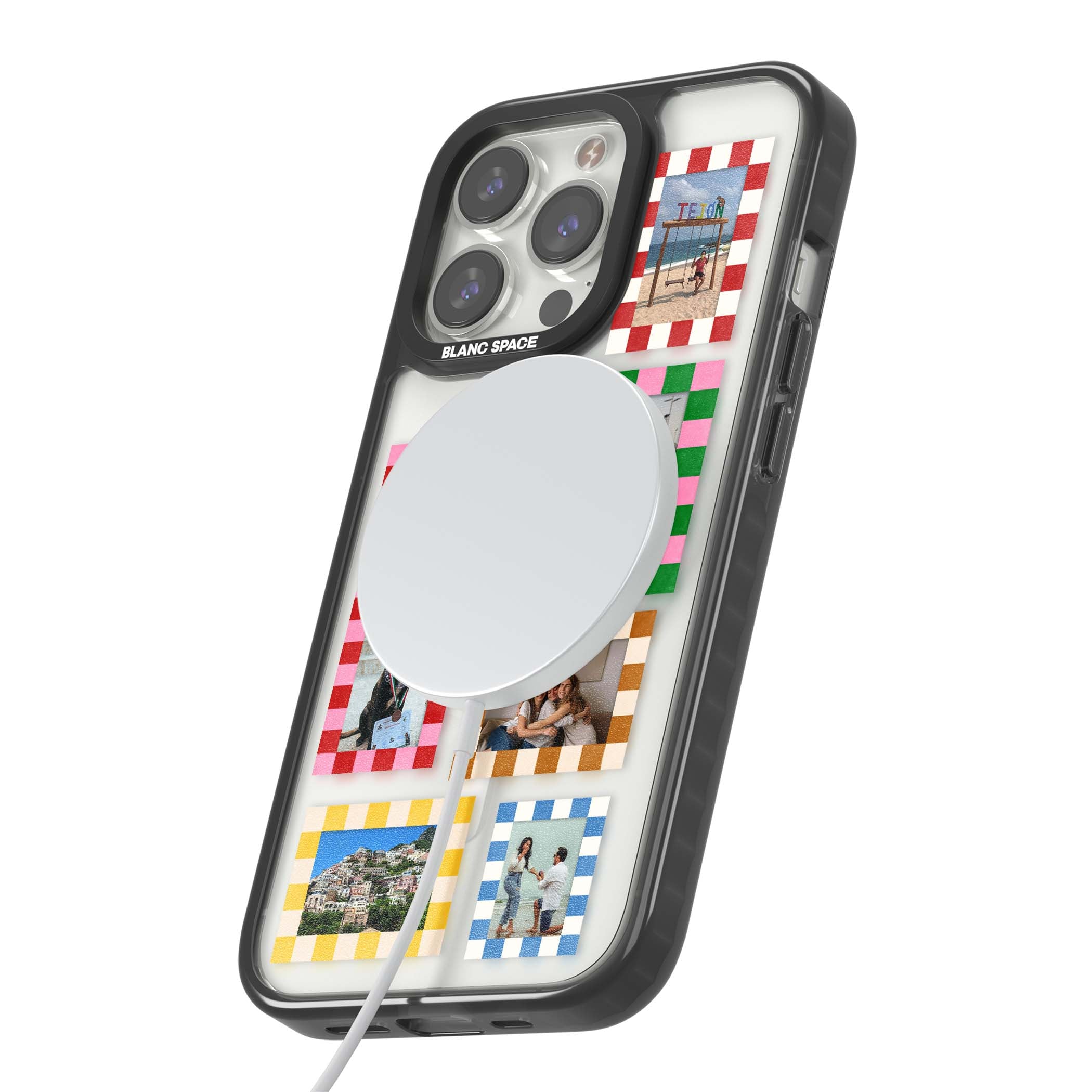 Italian Check Frames custom photo collage iPhone case featuring six checkered photo frames in red, green, pink and  | Black Impact Magsafe case for iPhone 13 Pro, iPhone 14 Pro, iPhone 15 Pro
