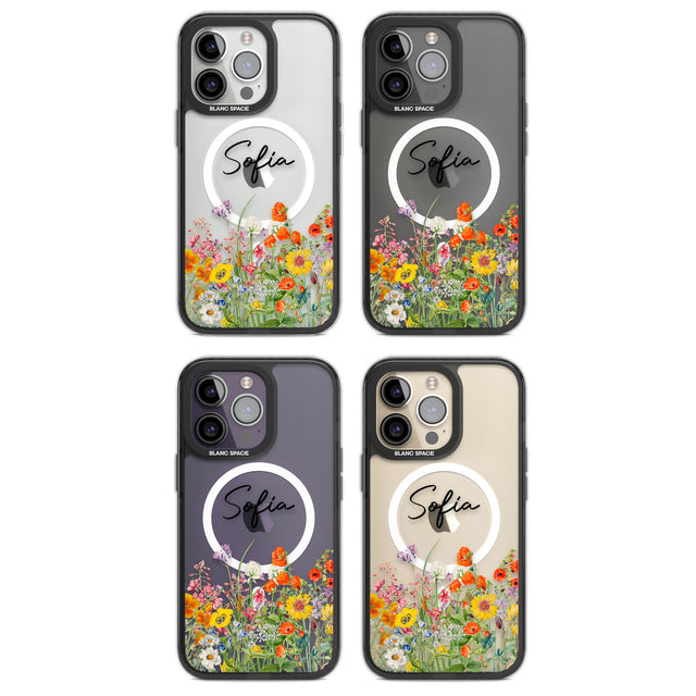 Personalised Summer Wildflowers Magsafe Black Impact Phone Case for iPhone 13 Pro, iPhone 14 Pro, iPhone 15 Pro