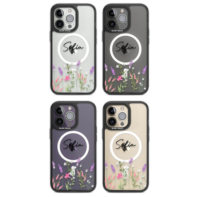 Personalised Lavender Wildflowers Magsafe Black Impact Phone Case for iPhone 13 Pro, iPhone 14 Pro, iPhone 15 Pro