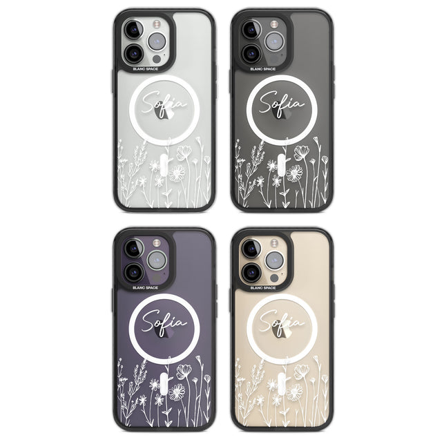 Personalised White Wildflowers Magsafe Black Impact Phone Case for iPhone 13 Pro, iPhone 14 Pro, iPhone 15 Pro