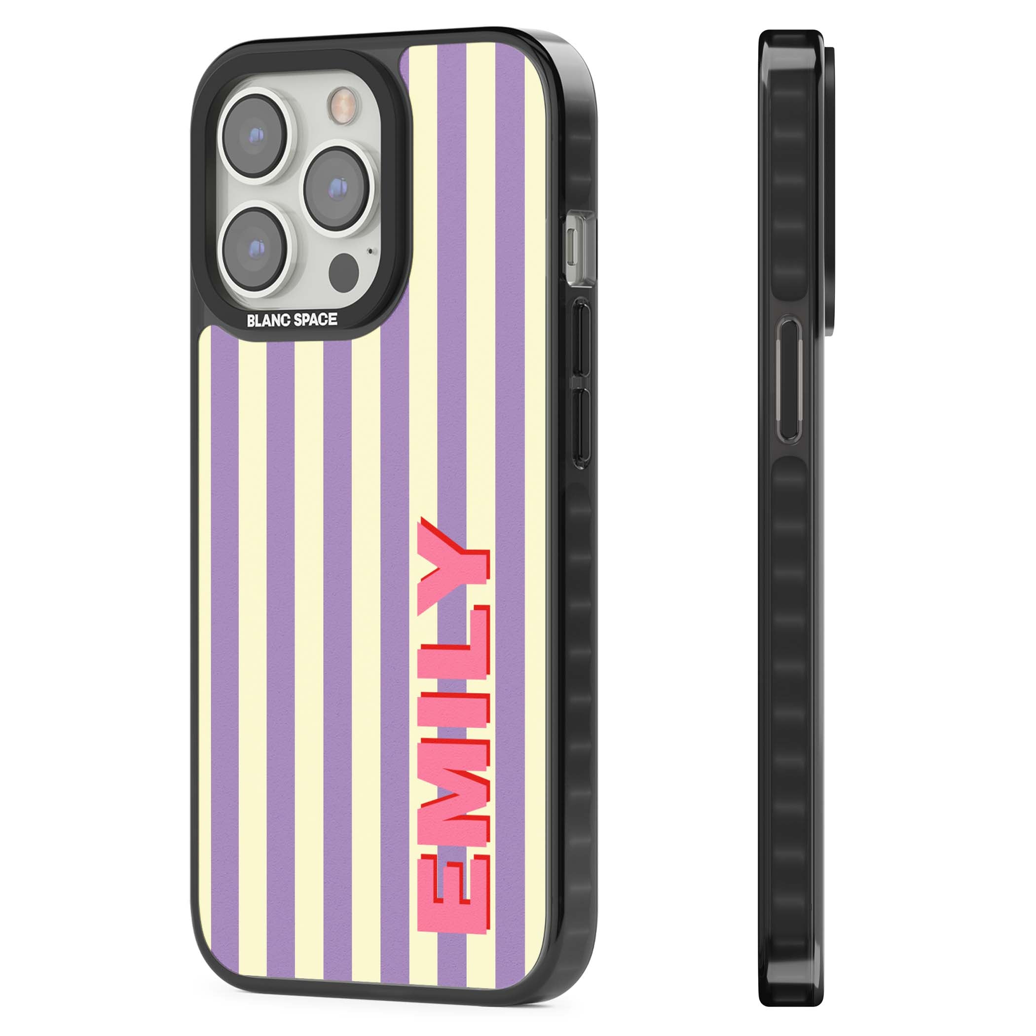 Valensole Stripe personalised iPhone case with purple and cream vertical stripes and pink custom name | Black Impact Magsafe case for iPhone 13 Pro, iPhone 14 Pro, iPhone 15 Pro