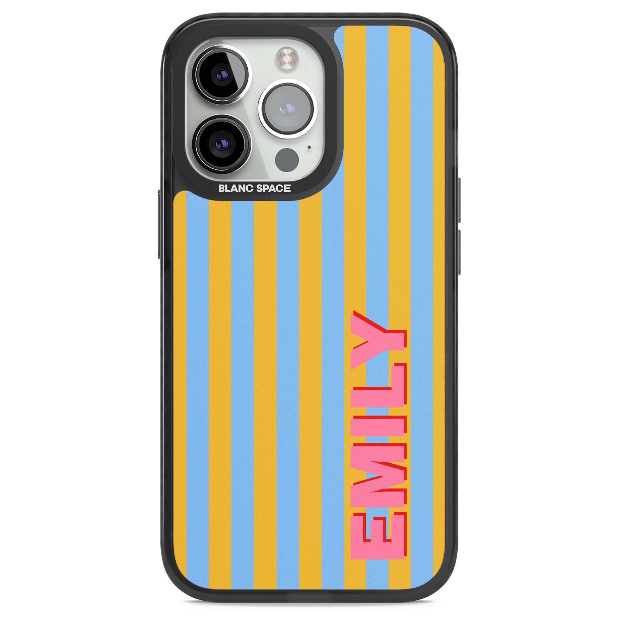 Carribean Stripe personalised coastal iPhone case with yellow and blue vertical stripes and a custom pink name | Black Impact Magsafe case for iPhone 13 Pro, iPhone 14 Pro, iPhone 15 Pro