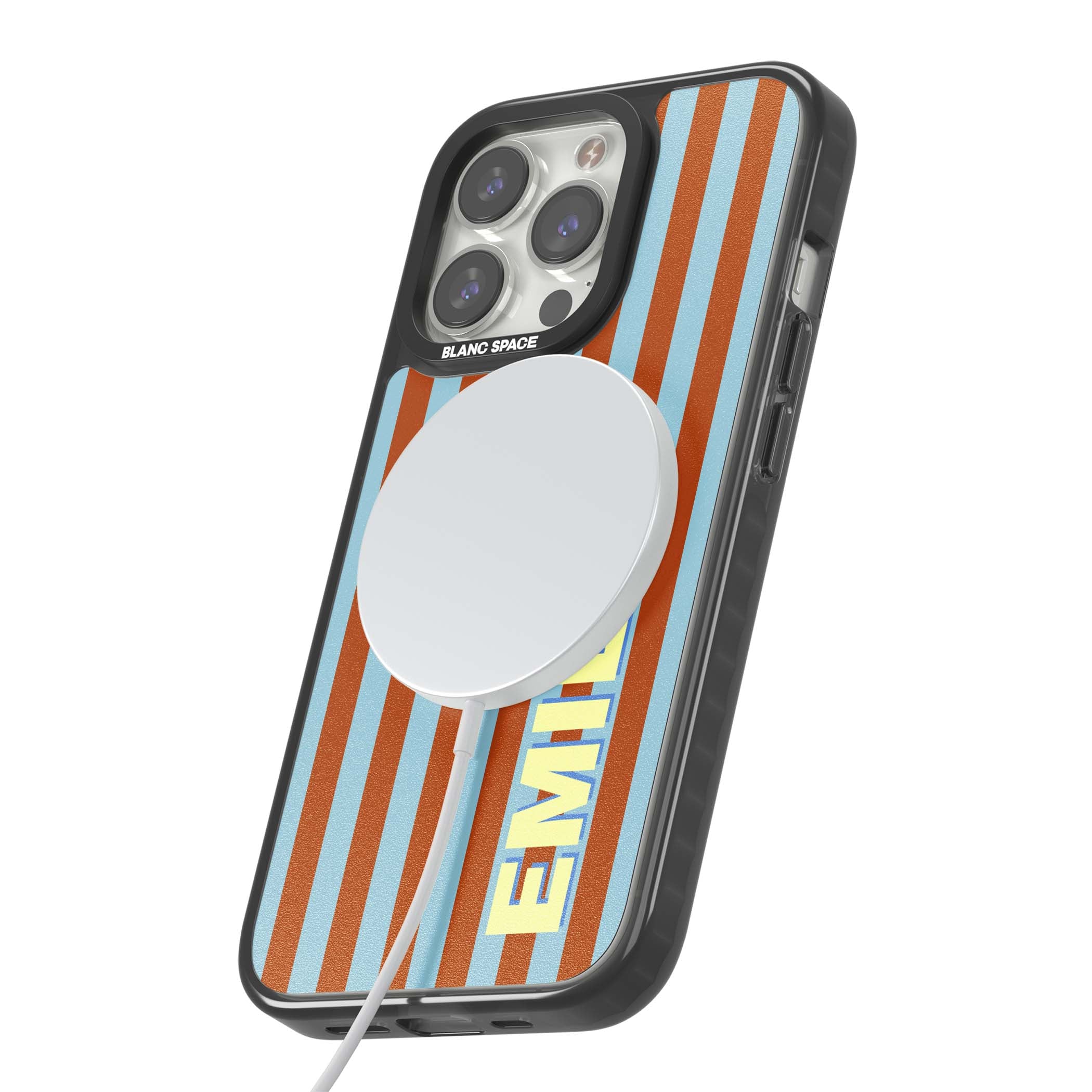 Cappadocia Stripe personalised coastal iPhone case featuring blue and orange vertical stripes with custom cream name | Black Impact Magsafe case for iPhone 13 Pro, iPhone 14 Pro, iPhone 15 Pro