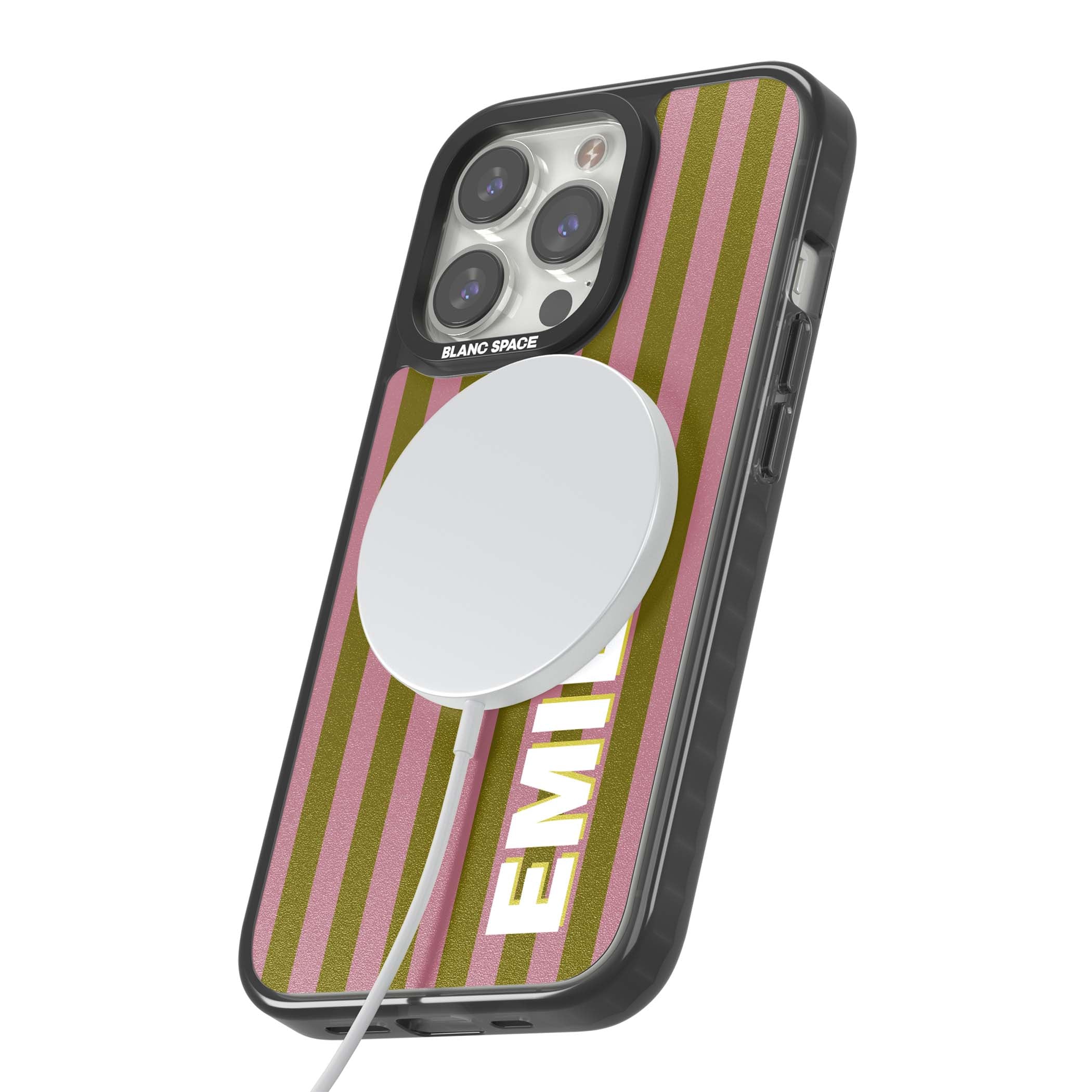 Istanbul Stripe personalised iPhone case featuring pink and olive green vertical stripes with a custom vertical name | Black Impact Magsafe case for iPhone 13 Pro, iPhone 14 Pro, iPhone 15 Pro