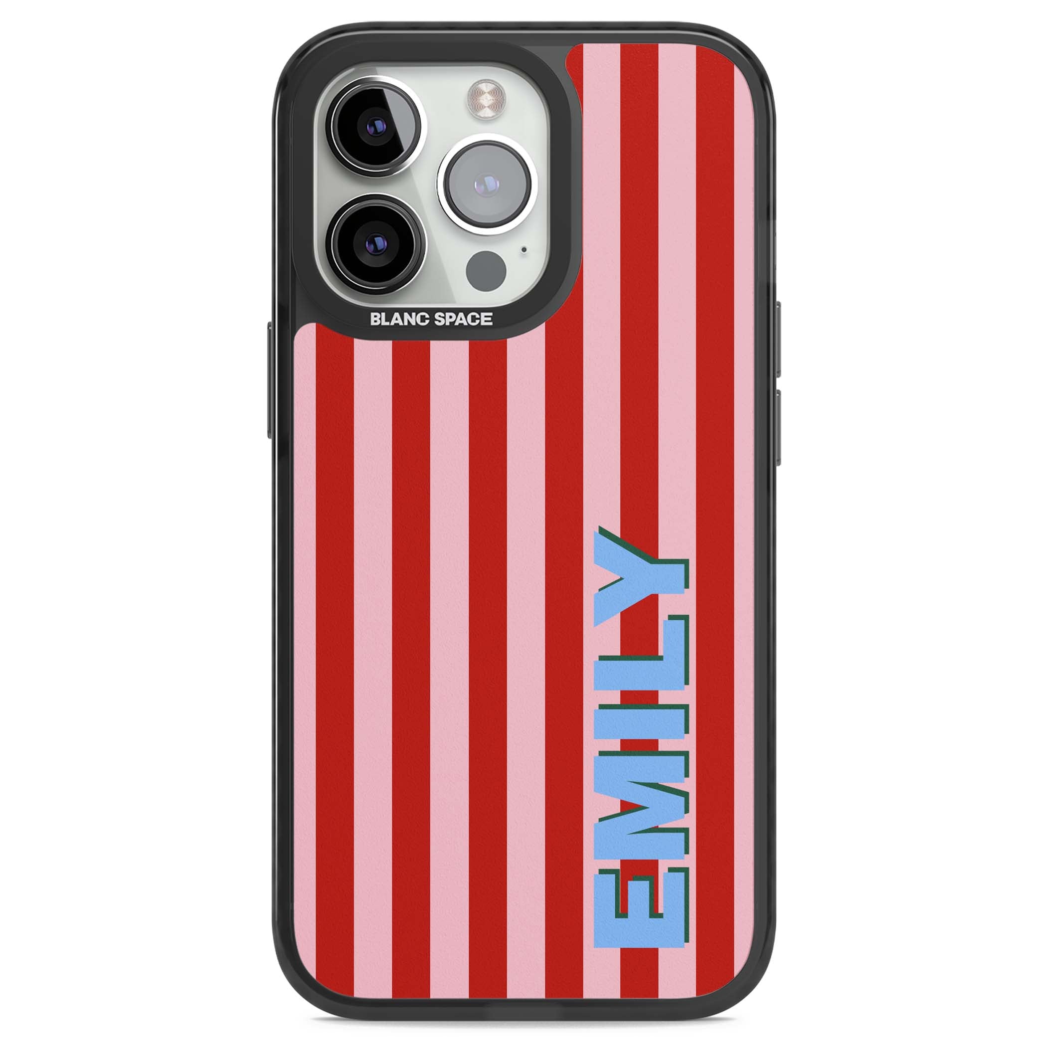 Market Stripe personalised iPhone case with red and pink vertical stripes and custom blue name | Black Impact Magsafe case for iPhone 13 Pro, iPhone 14 Pro, iPhone 15 Pro