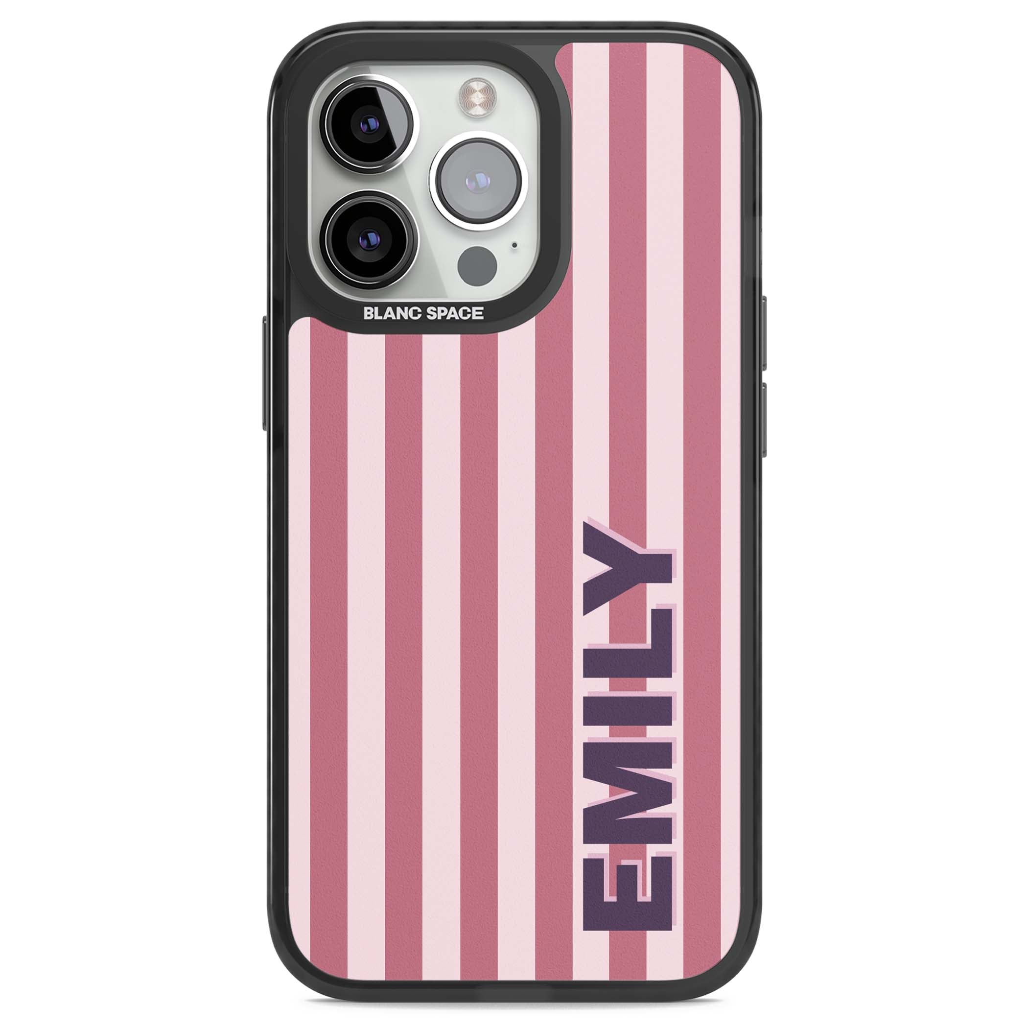 Victoria Stripe personalised iPhone case featuring pink vertical stripes and custom name in bold plum lettering | Black Impact Magsafe case for iPhone 13 Pro, iPhone 14 Pro, iPhone 15 Pro