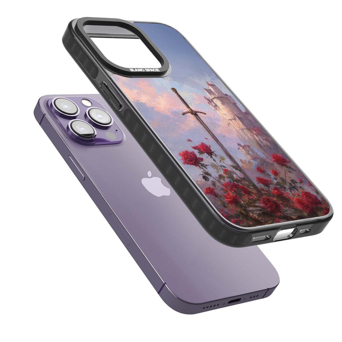 Sword in Roses medieval art iPhone case featuring a sword, red roses, and a misty fairytale castle at sunset | Black Impact Magsafe case for iPhone 13 Pro, iPhone 14 Pro, iPhone 15 Pro