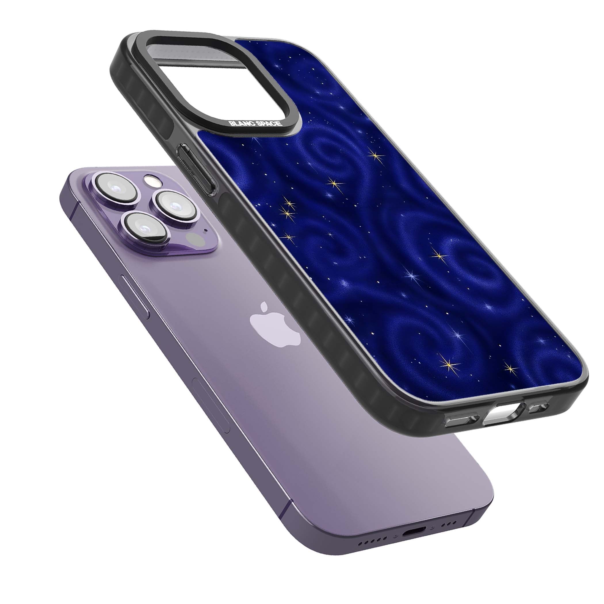 Indigo Cosmos celestial iPhone case featuring swirling navy night sky and sparkling golden stars | Black Impact Magsafe case for iPhone 13 Pro, iPhone 14 Pro, iPhone 15 Pro