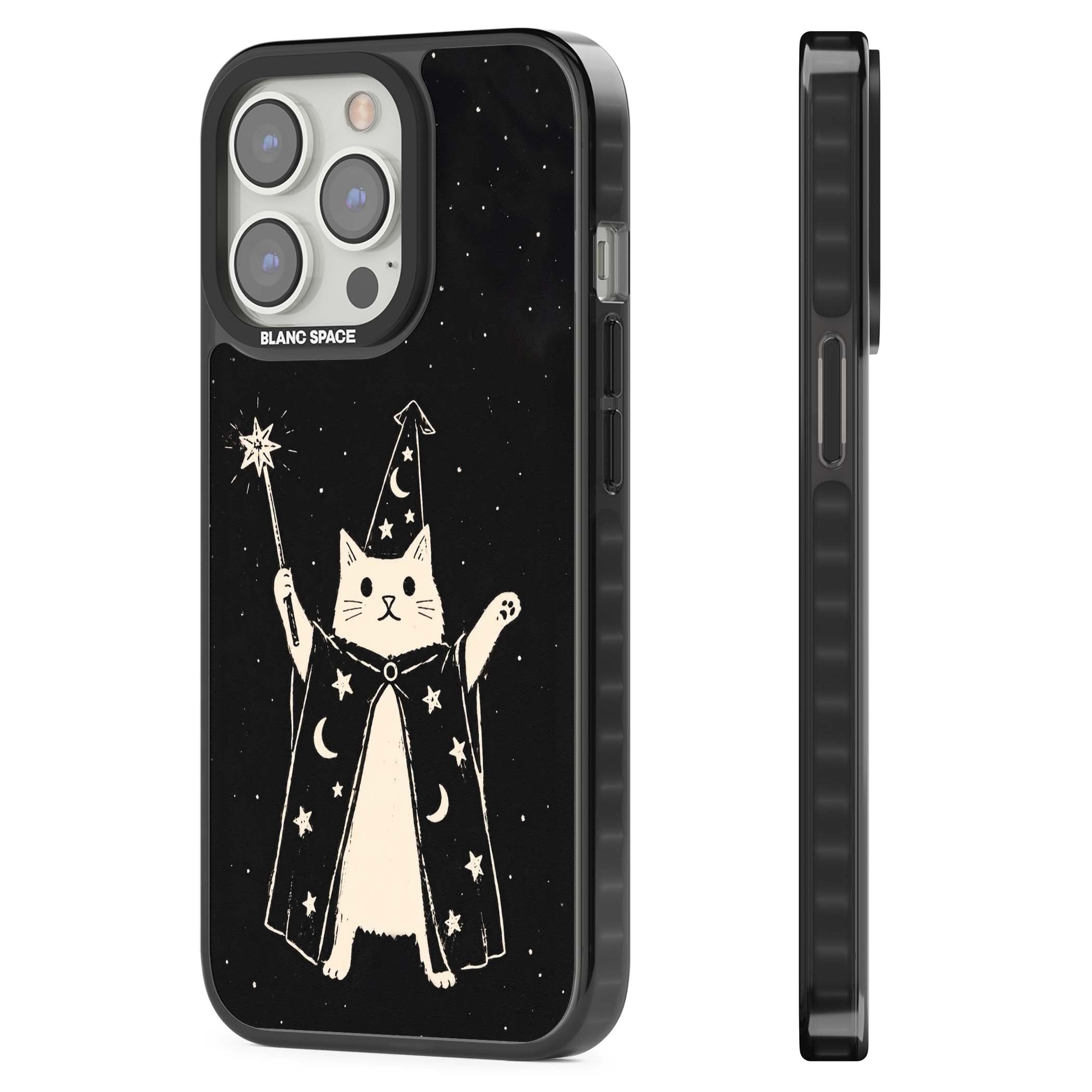 Whisker Wizard celestial cat iPhone case featuring a wizard cat with magic wand, starry night sky and crescent moons | Black Impact Magsafe case for iPhone 13 Pro, iPhone 14 Pro, iPhone 15 Pro