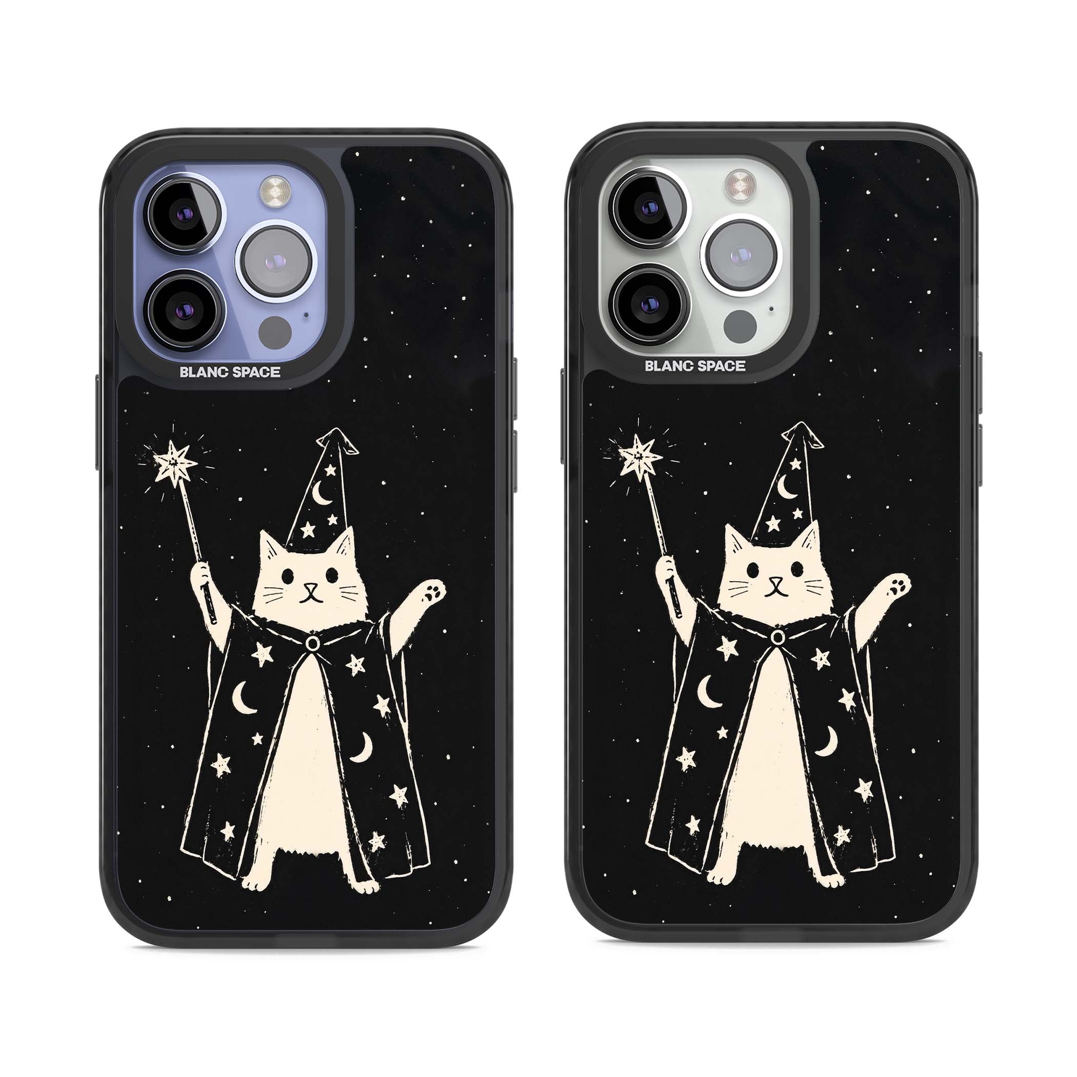 Whisker Wizard celestial cat iPhone case featuring a wizard cat with magic wand, starry night sky and crescent moons | Black Impact Magsafe case for iPhone 13 Pro, iPhone 14 Pro, iPhone 15 Pro