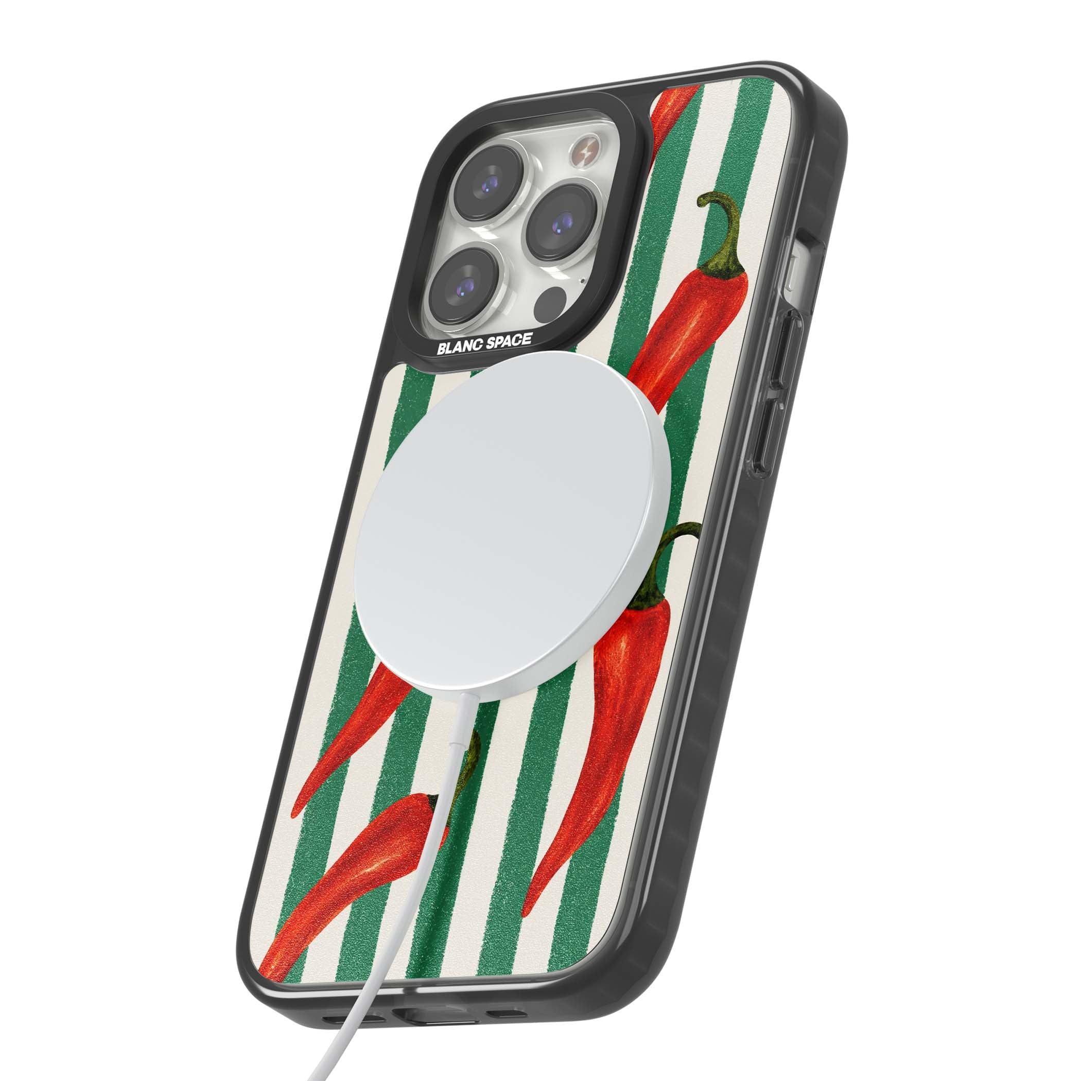 Striped Chillis coastal iPhone case featuring hand-painted red chili peppers on green and cream stripes | Black Impact Magsafe case for iPhone 13 Pro, iPhone 14 Pro, iPhone 15 Pro