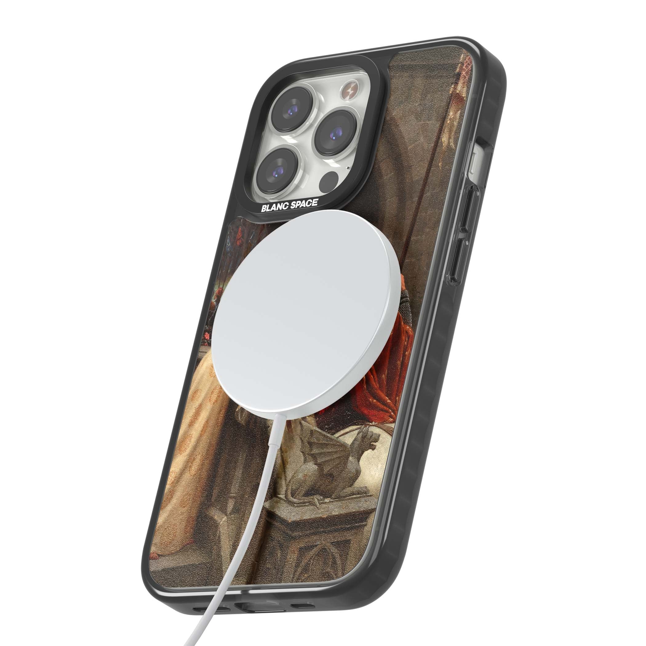 God Speed fine art iPhone case featuring Edmund Blair Leighton's medieval knight and lady beneath a stone archway | Black Impact Magsafe case for iPhone 13 Pro, iPhone 14 Pro, iPhone 15 Pro