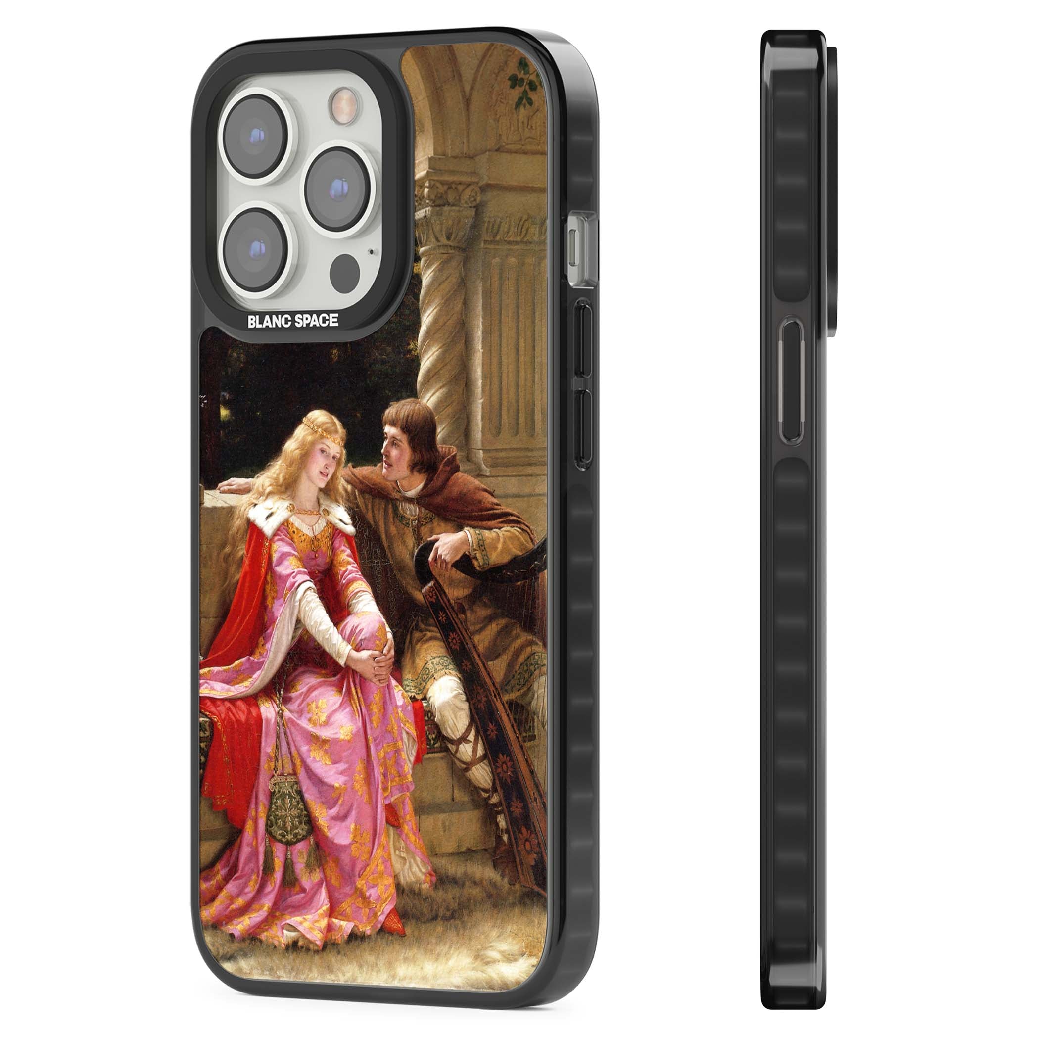 The End of the Song classic art iPhone case featuring a medieval lady in pink gown and her knight in a stone archway | Black Impact Magsafe case for iPhone 13 Pro, iPhone 14 Pro, iPhone 15 Pro