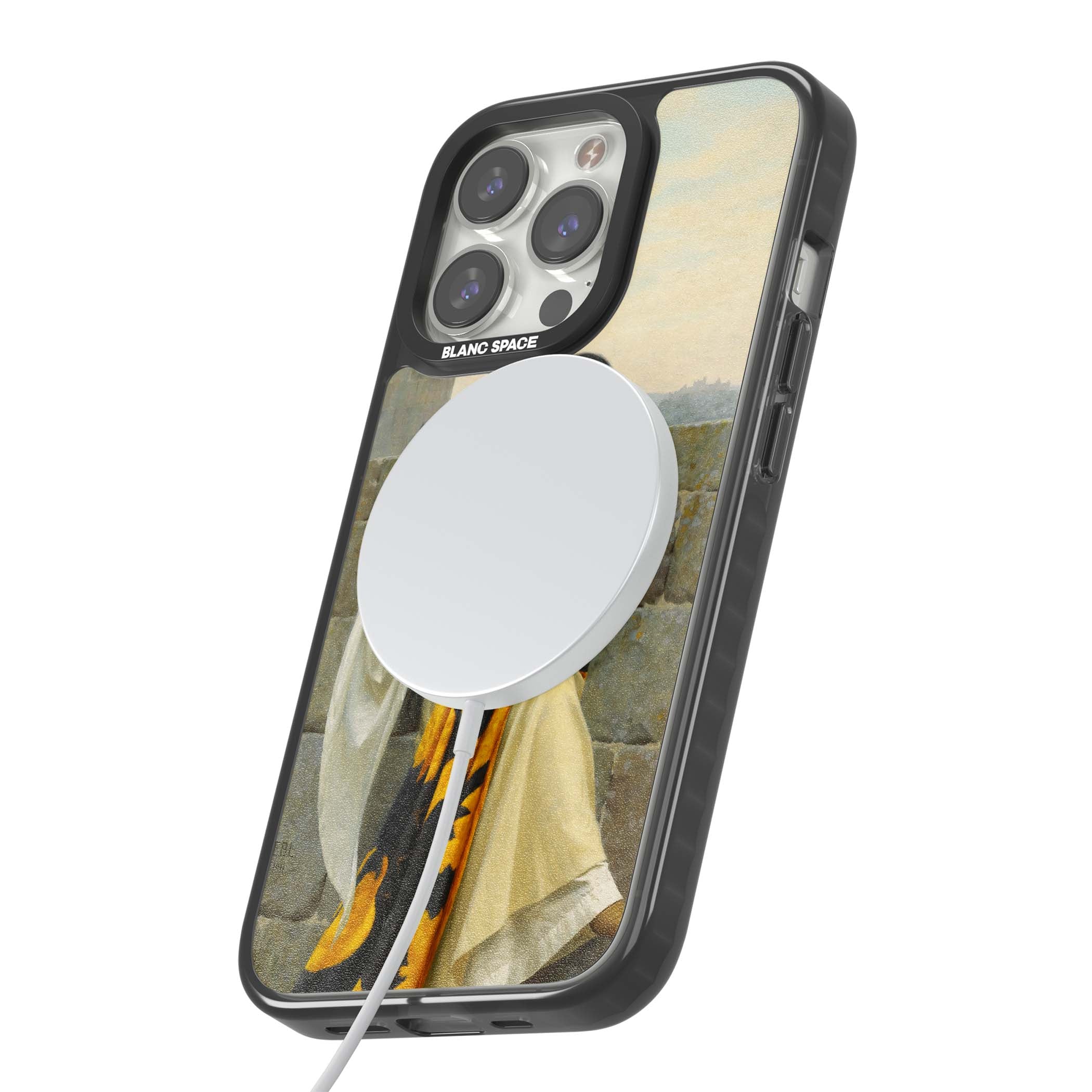 Stitching the Standard renaissance art iPhone case featuring a medieval lady sewing a golden banner on a castle wall | Black Impact Magsafe case for iPhone 13 Pro, iPhone 14 Pro, iPhone 15 Pro