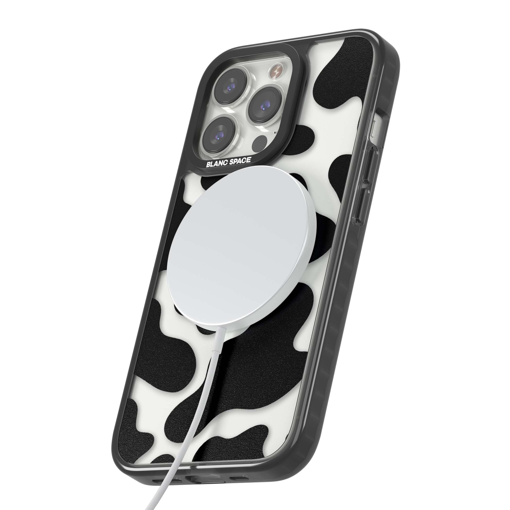 Clear Cow Print cow print iPhone case featuring black and white cow pattern splotches on a clear background | Black Impact Magsafe case for iPhone 13 Pro, iPhone 14 Pro, iPhone 15 Pro