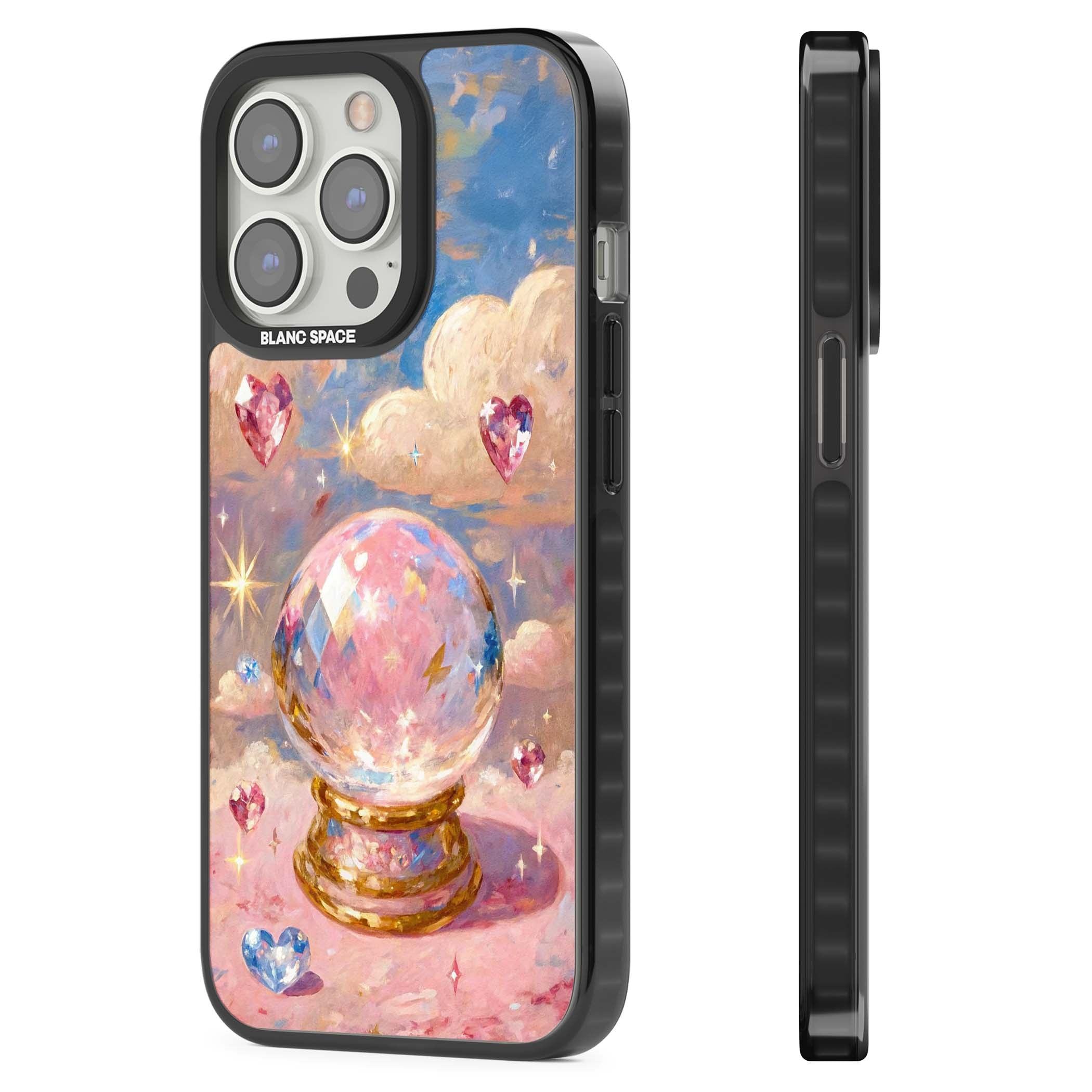 Crystal Ball fairycore iPhone case featuring a painted crystal ball, heart gemstones, and pastel clouds | Black Impact Magsafe case for iPhone 13 Pro, iPhone 14 Pro, iPhone 15 Pro