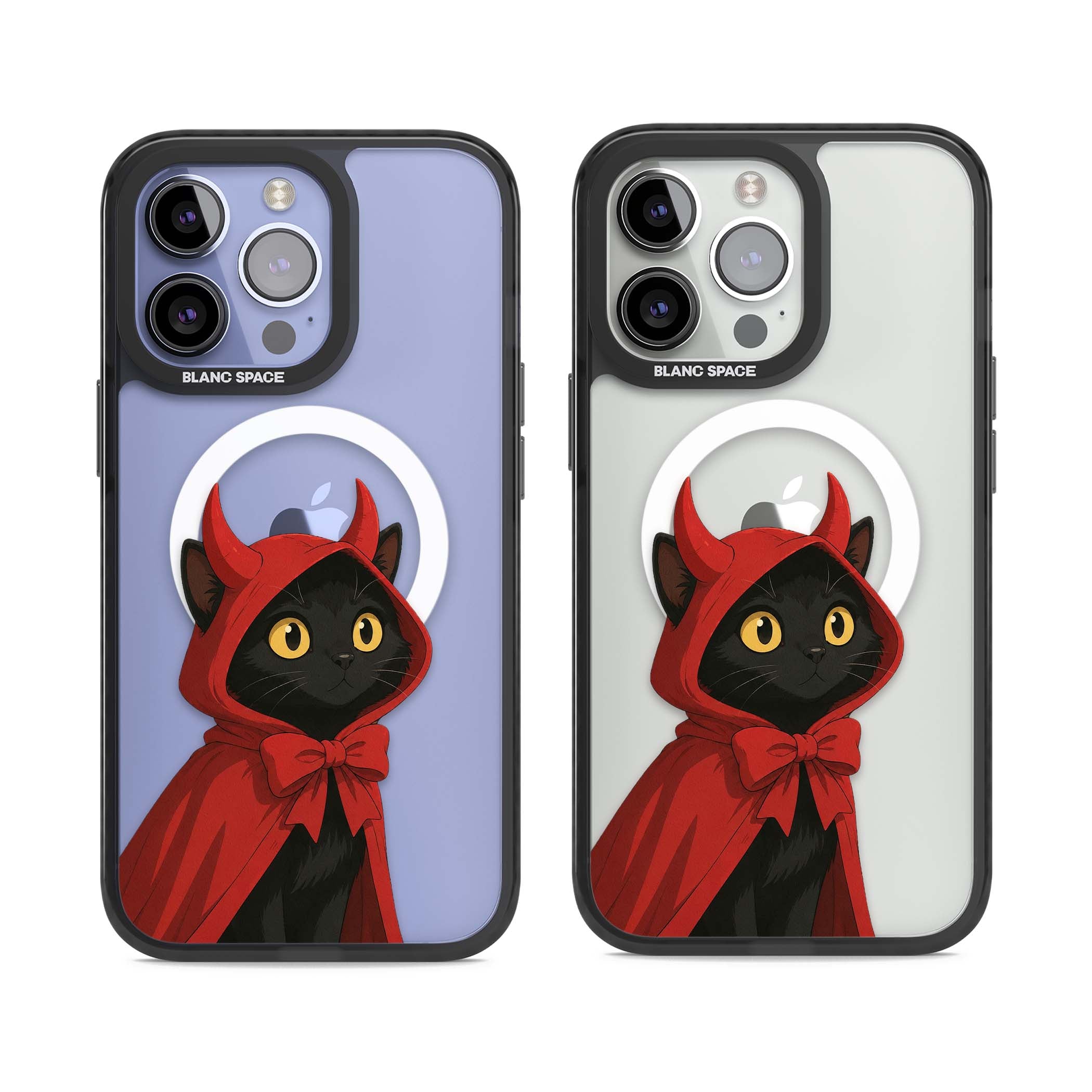 Little Devil halloween iPhone case featuring a black cat in a red hooded devil cloak with horns and golden eyes | Black Impact Magsafe case for iPhone 13 Pro, iPhone 14 Pro, iPhone 15 Pro