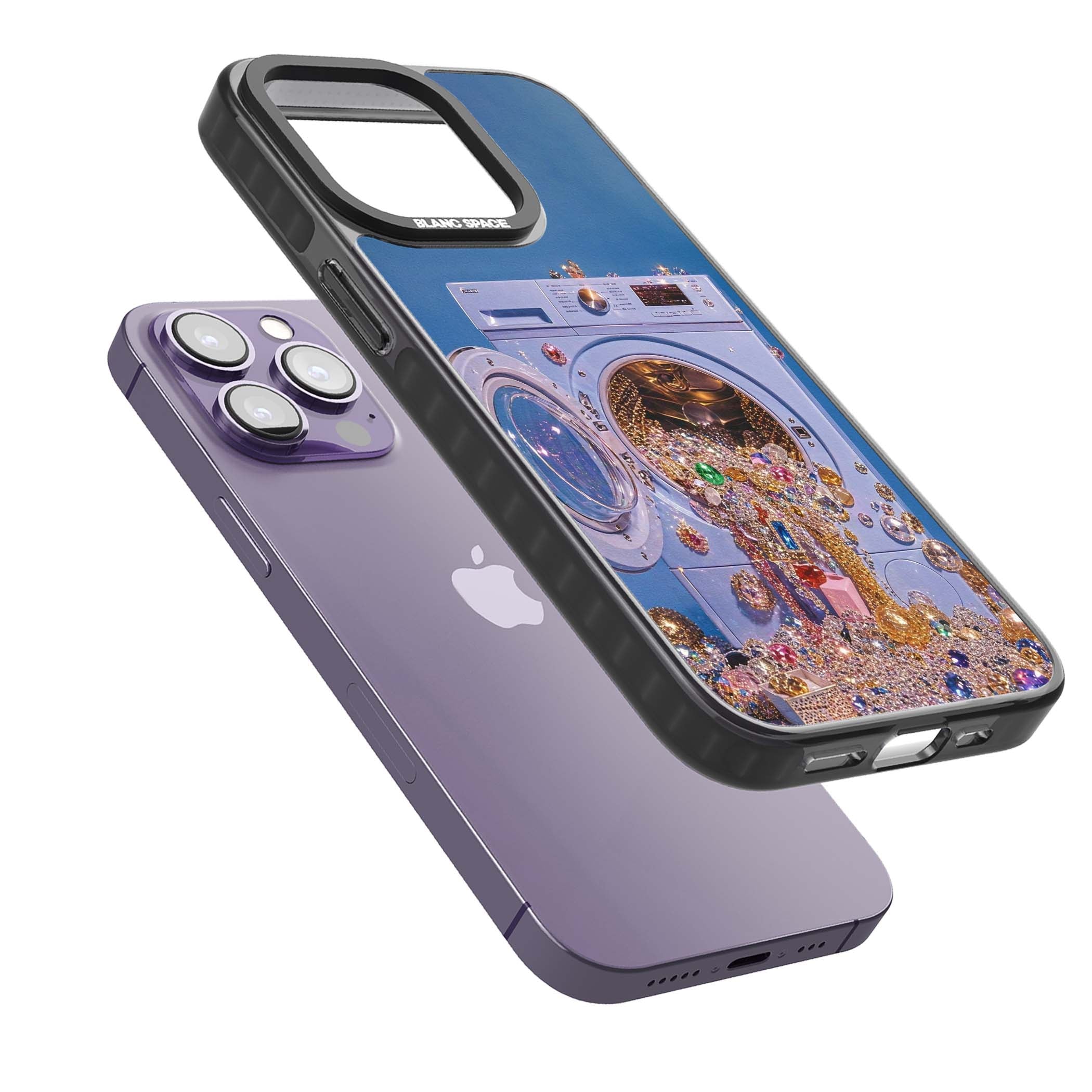 Gem Laundry baddie iPhone case featuring a surreal washing machine overflowing with colourful gemstones and crystals | Black Impact Magsafe case for iPhone 13 Pro, iPhone 14 Pro, iPhone 15 Pro