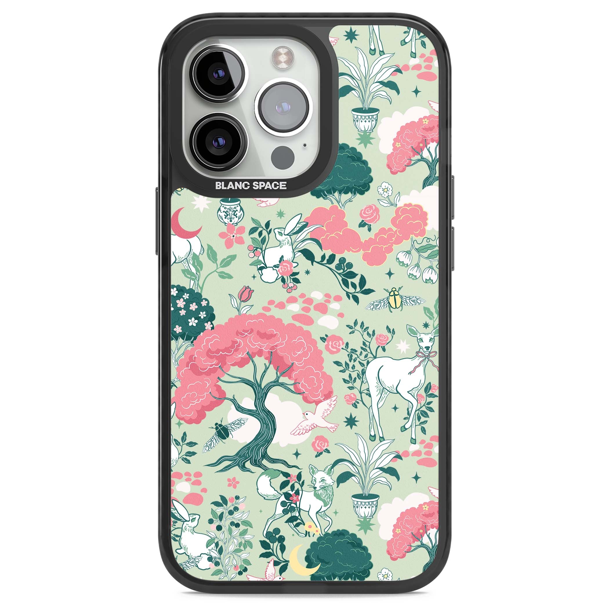Enchanted Woodland cottagecore iPhone case featuring white deer, pink roses, mushrooms and woodland animals on sage green | Black Impact Magsafe case for iPhone 13 Pro, iPhone 14 Pro, iPhone 15 Pro