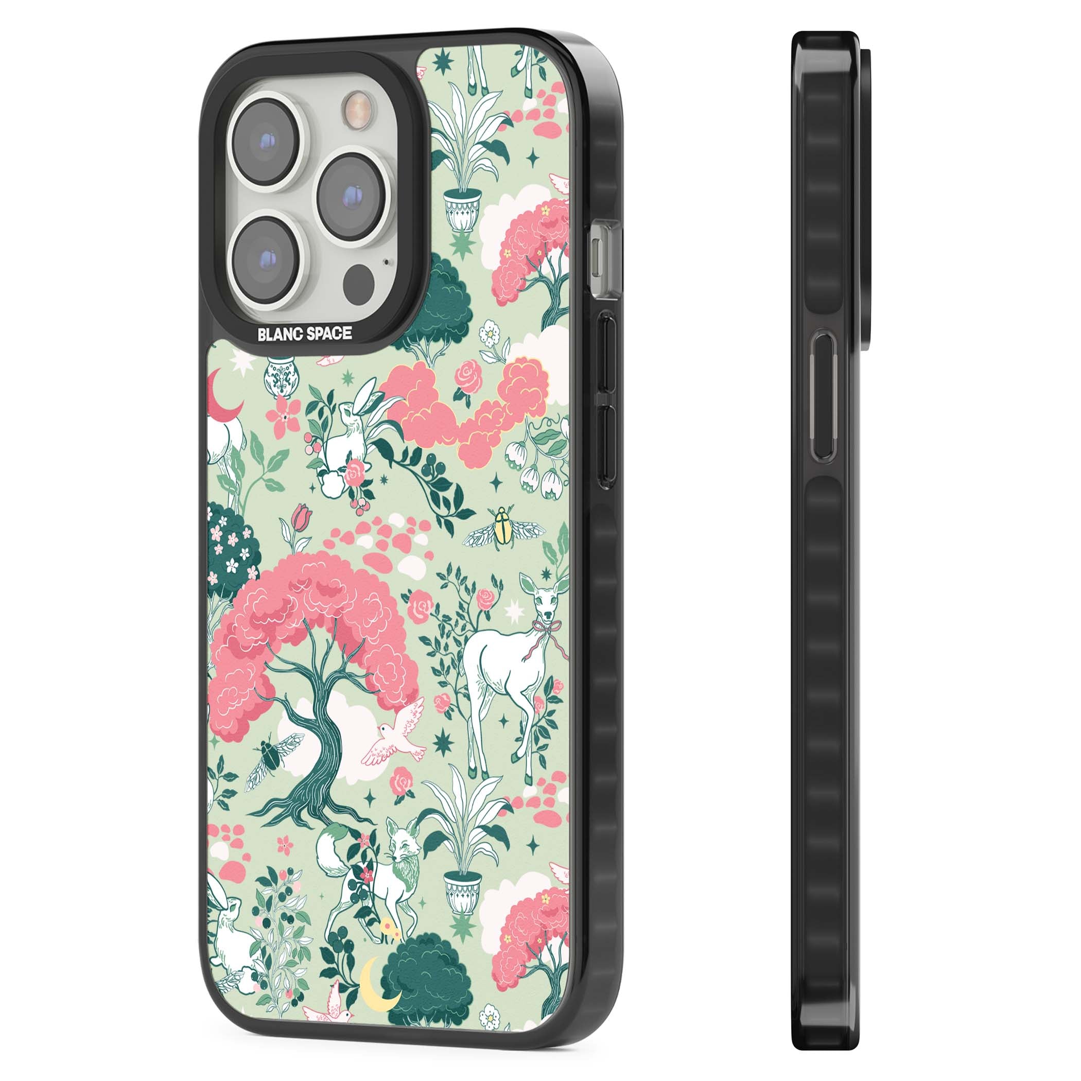 Enchanted Woodland cottagecore iPhone case featuring white deer, pink roses, mushrooms and woodland animals on sage green | Black Impact Magsafe case for iPhone 13 Pro, iPhone 14 Pro, iPhone 15 Pro