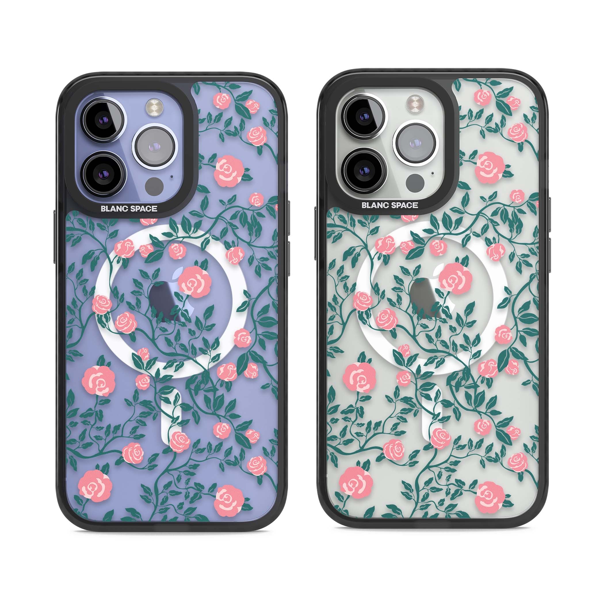 Rose Trellis (Clear) cottagecore iPhone case featuring pink climbing roses and green leaves on clear background | Black Impact Magsafe case for iPhone 13 Pro, iPhone 14 Pro, iPhone 15 Pro