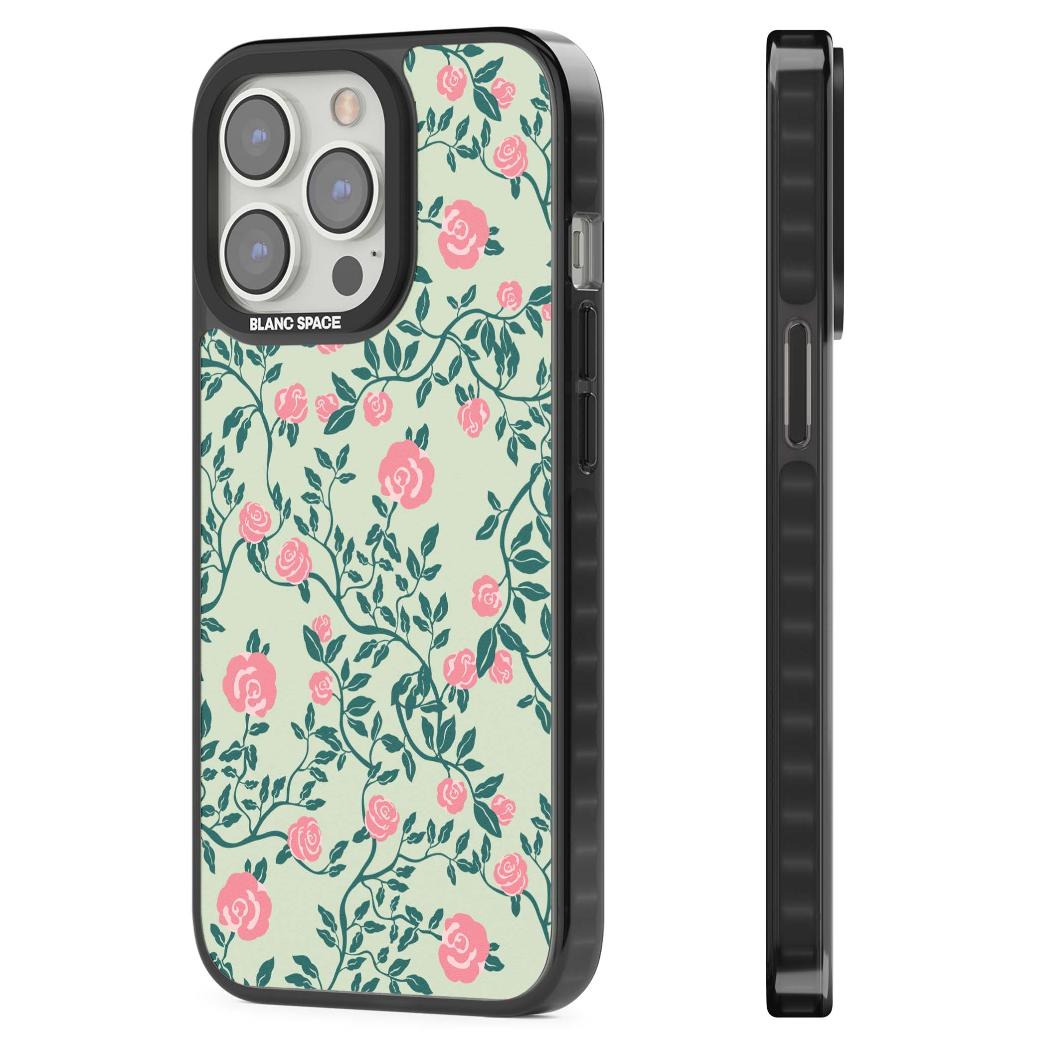Rose Trellis cottagecore iPhone case featuring pink roses, sage green vines, and mint background | Black Impact Magsafe case for iPhone 13 Pro, iPhone 14 Pro, iPhone 15 Pro