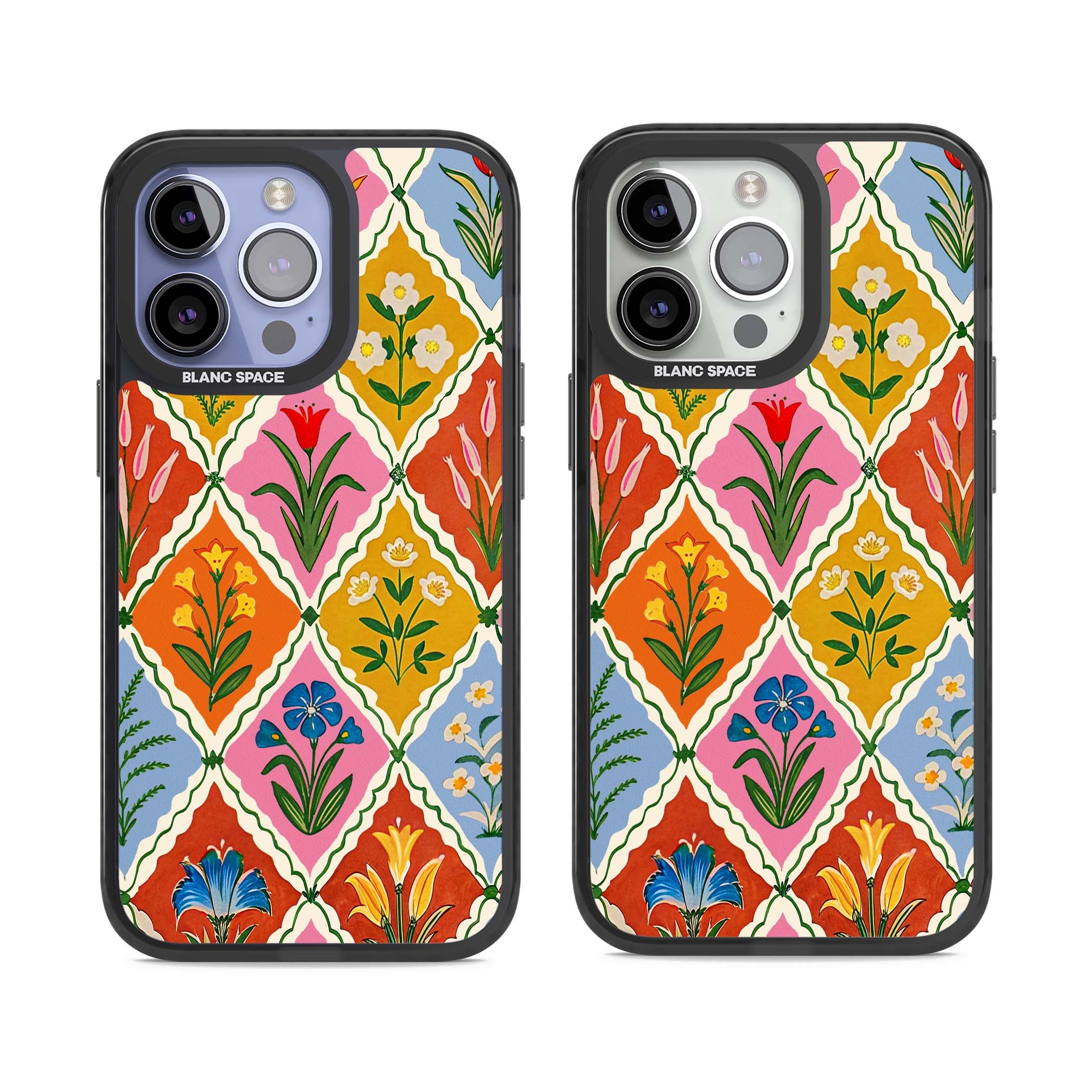 Floral Quilt boho floral iPhone case featuring diamond lattice pattern, hand-painted tulips and folk art wildflowers | Black Impact Magsafe case for iPhone 13 Pro, iPhone 14 Pro, iPhone 15 Pro