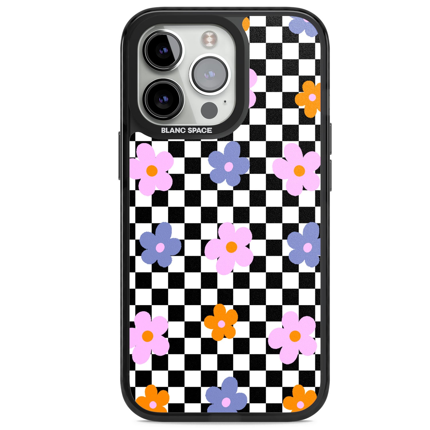 Checkered Blossom Magsafe Black Impact Phone Case for iPhone 13 Pro, iPhone 14 Pro, iPhone 15 Pro