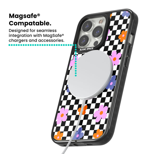 Checkered Blossom Magsafe Black Impact Phone Case for iPhone 13 Pro, iPhone 14 Pro, iPhone 15 Pro